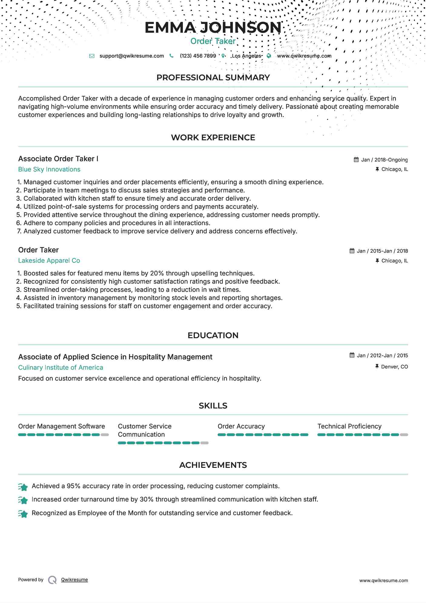 Associate Order Taker I Resume Format