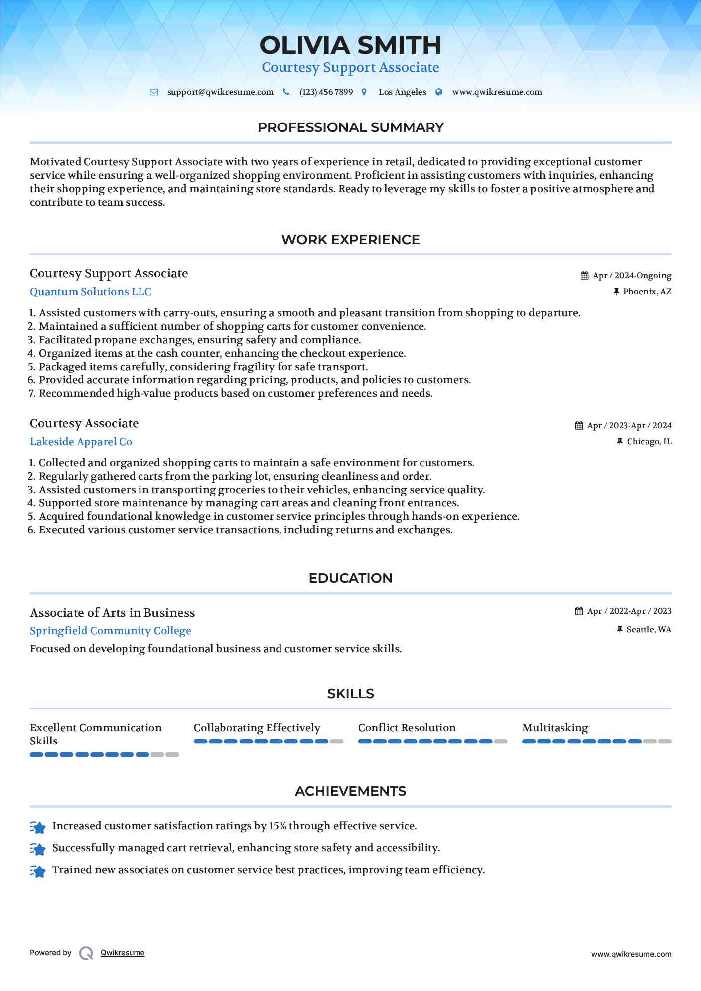 Courtesy Support 
 Associate Resume Model