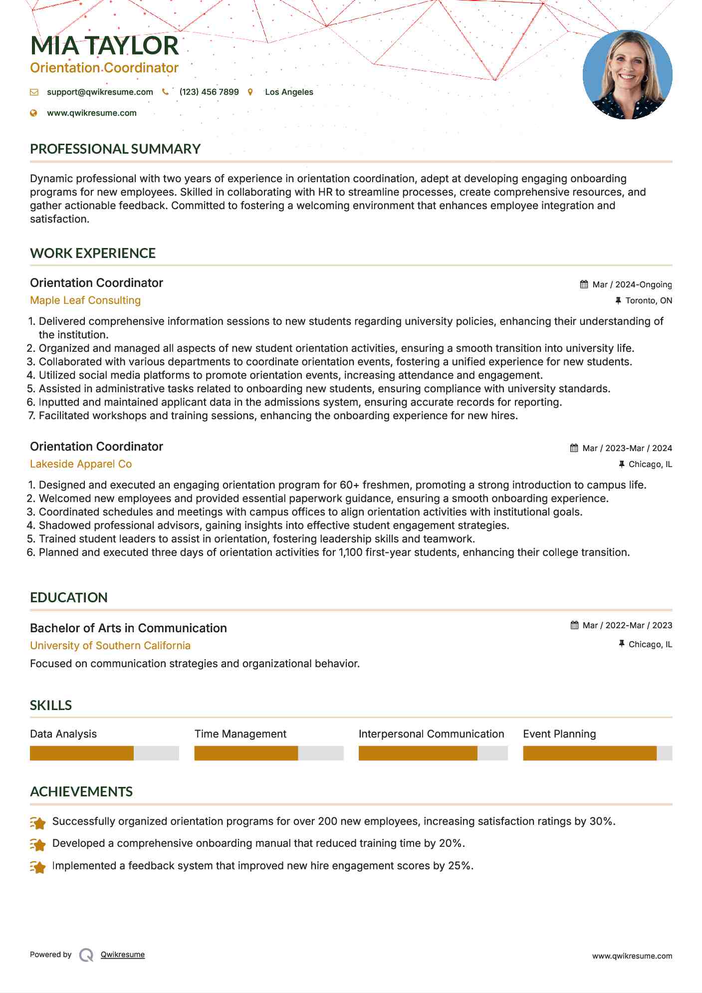 Orientation Coordinator Resume Format