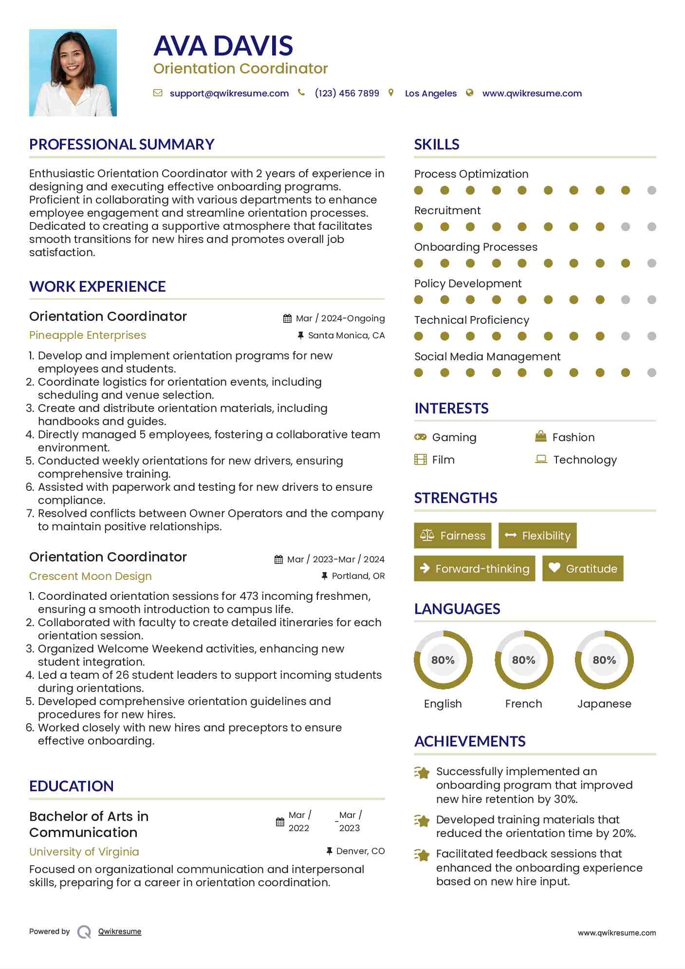 Orientation Coordinator Resume Format