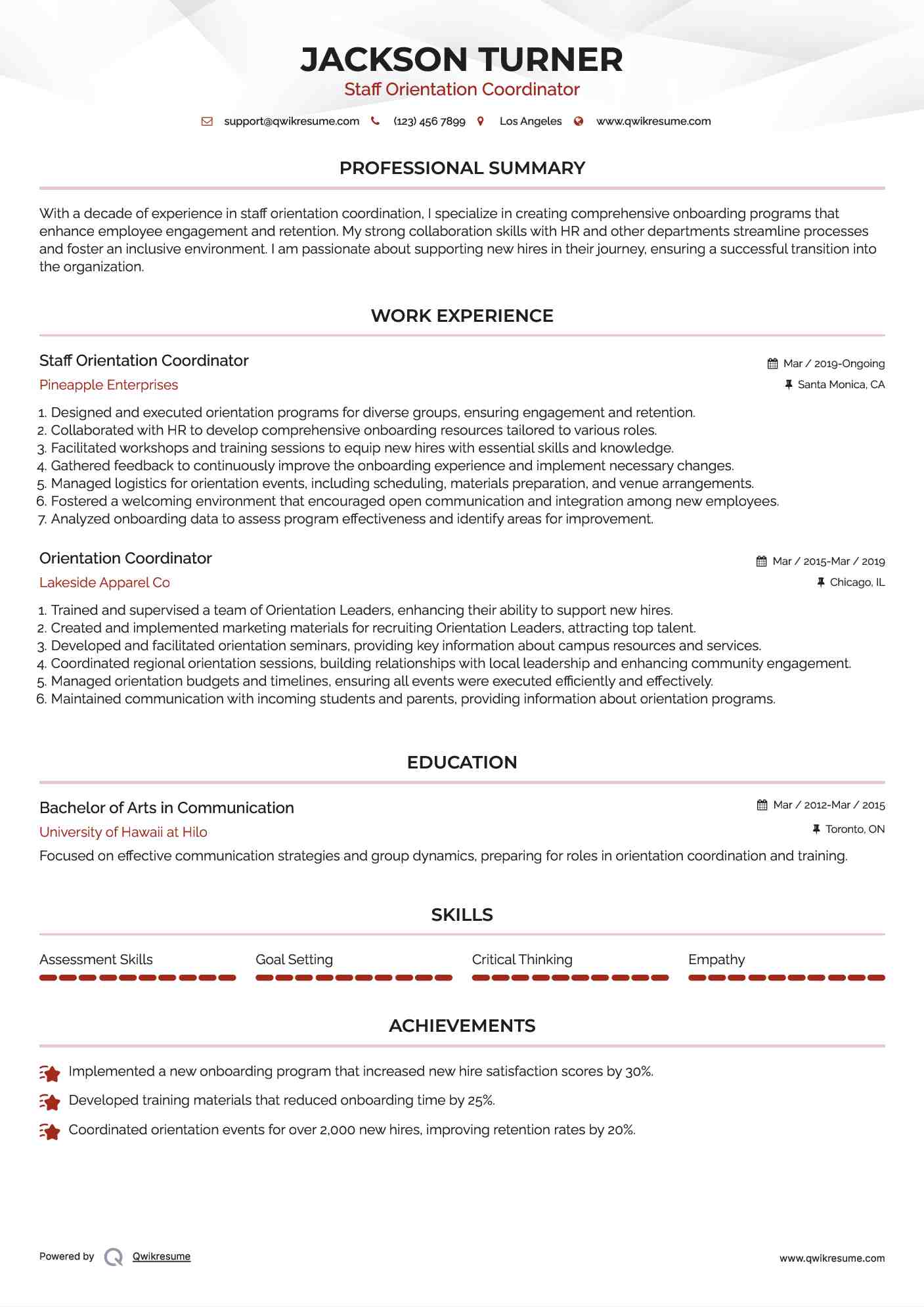Staff Orientation Coordinator Resume Template