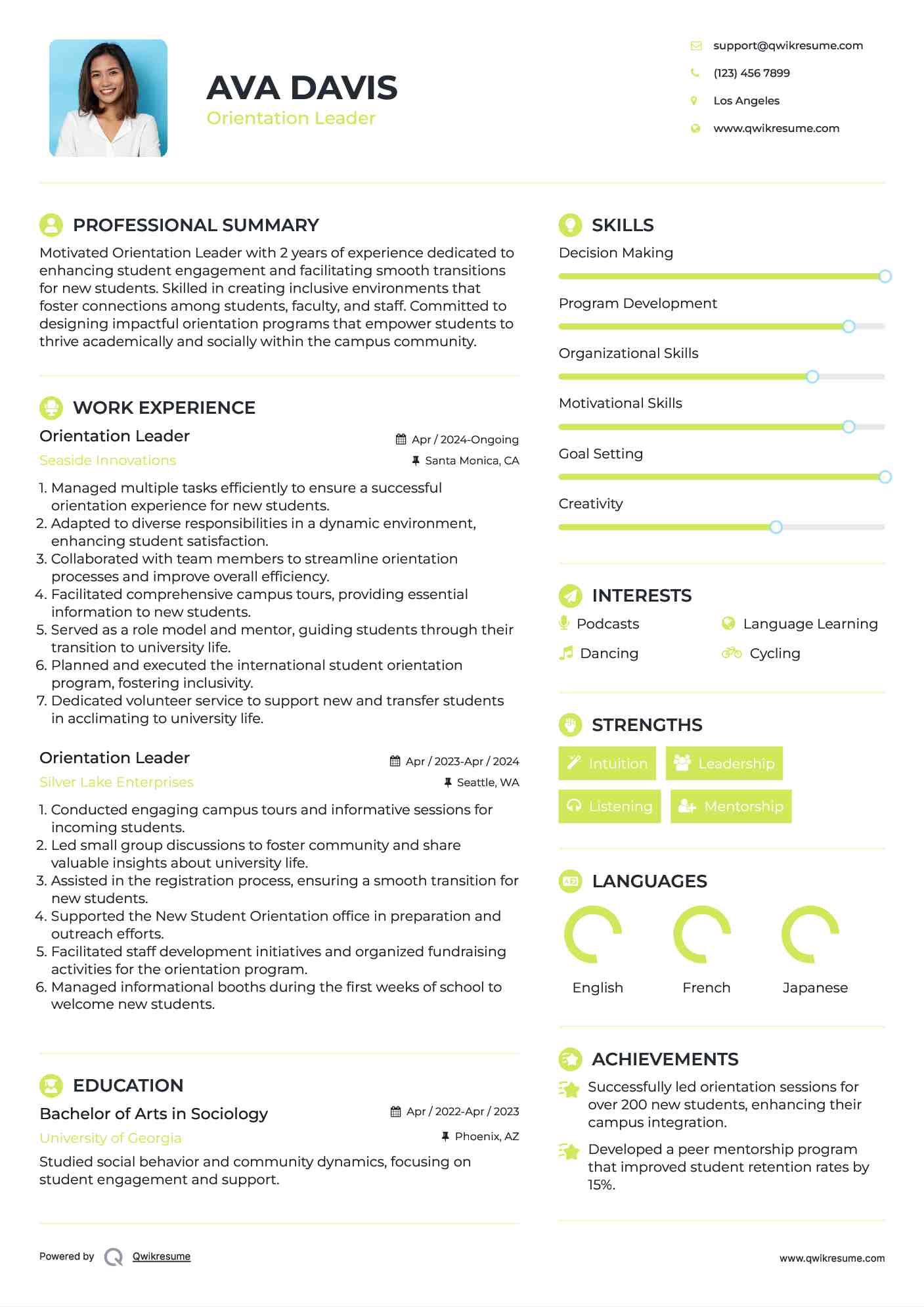 Orientation Leader Resume Sample