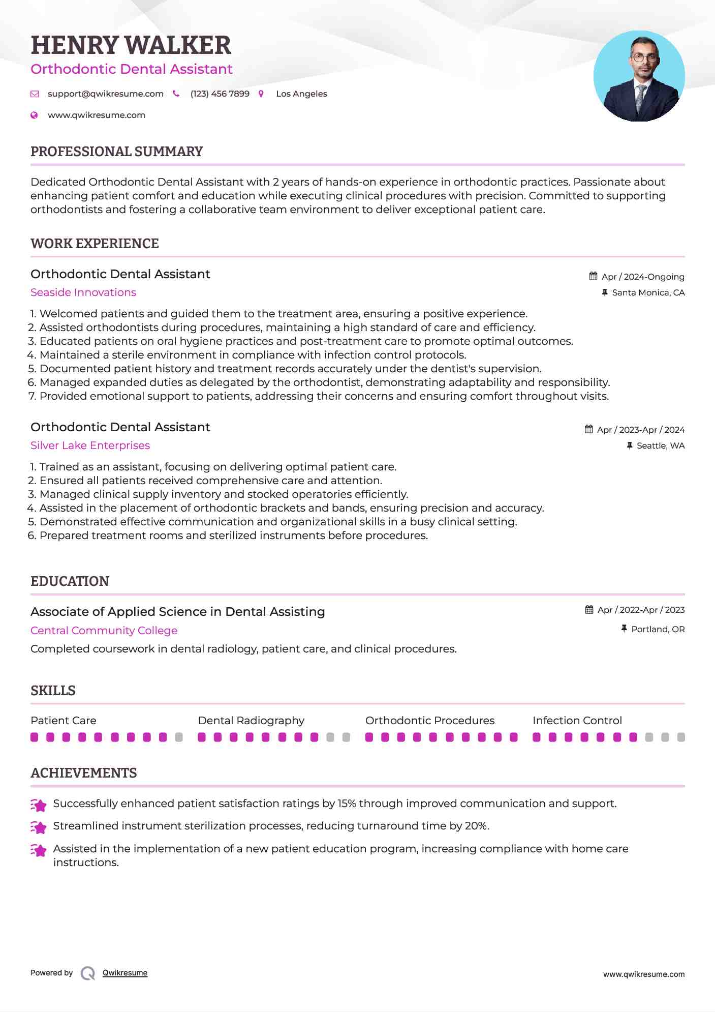 Orthodontic Dental Assistant Resume Sample