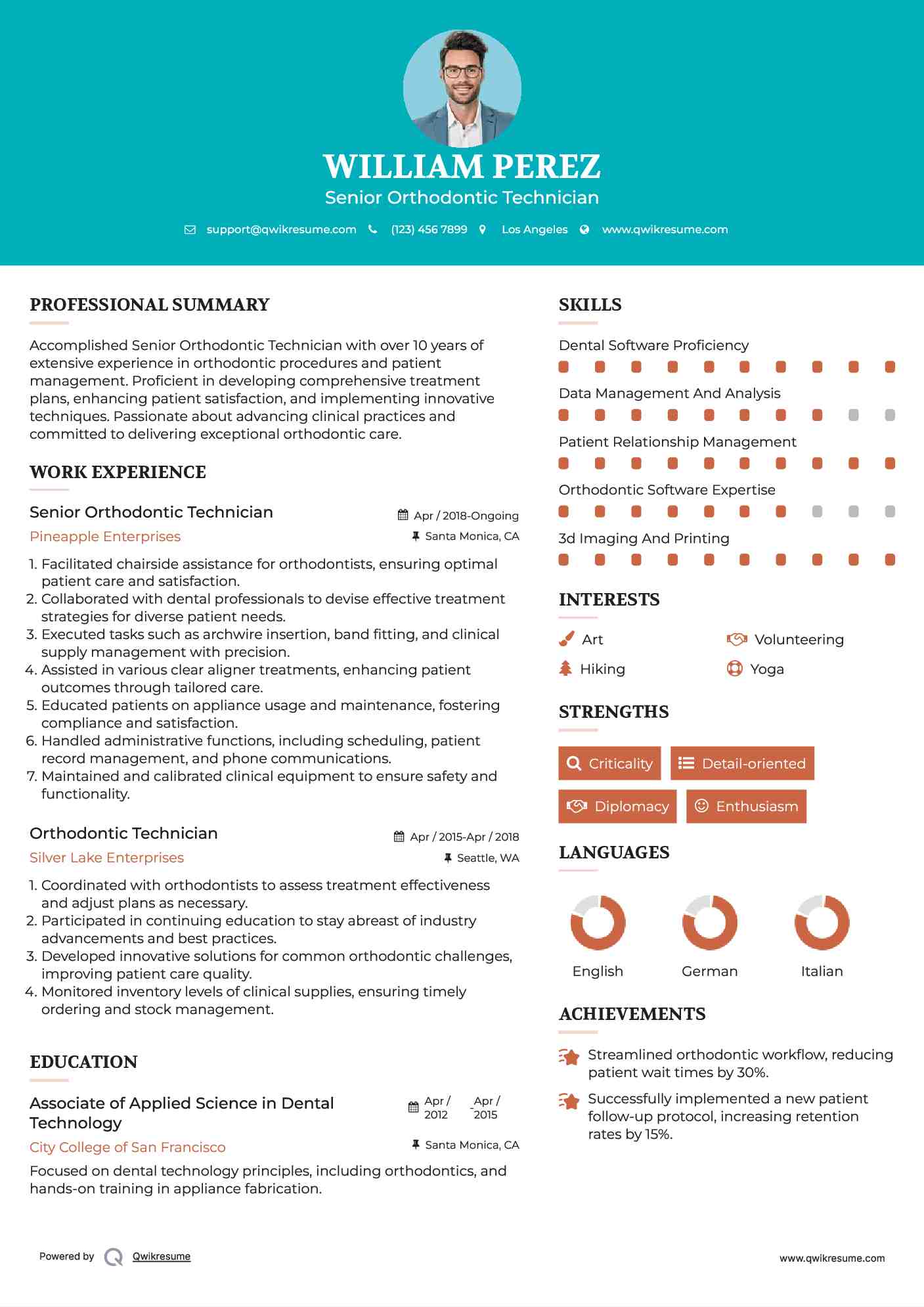Senior Orthodontic Technician Resume Model