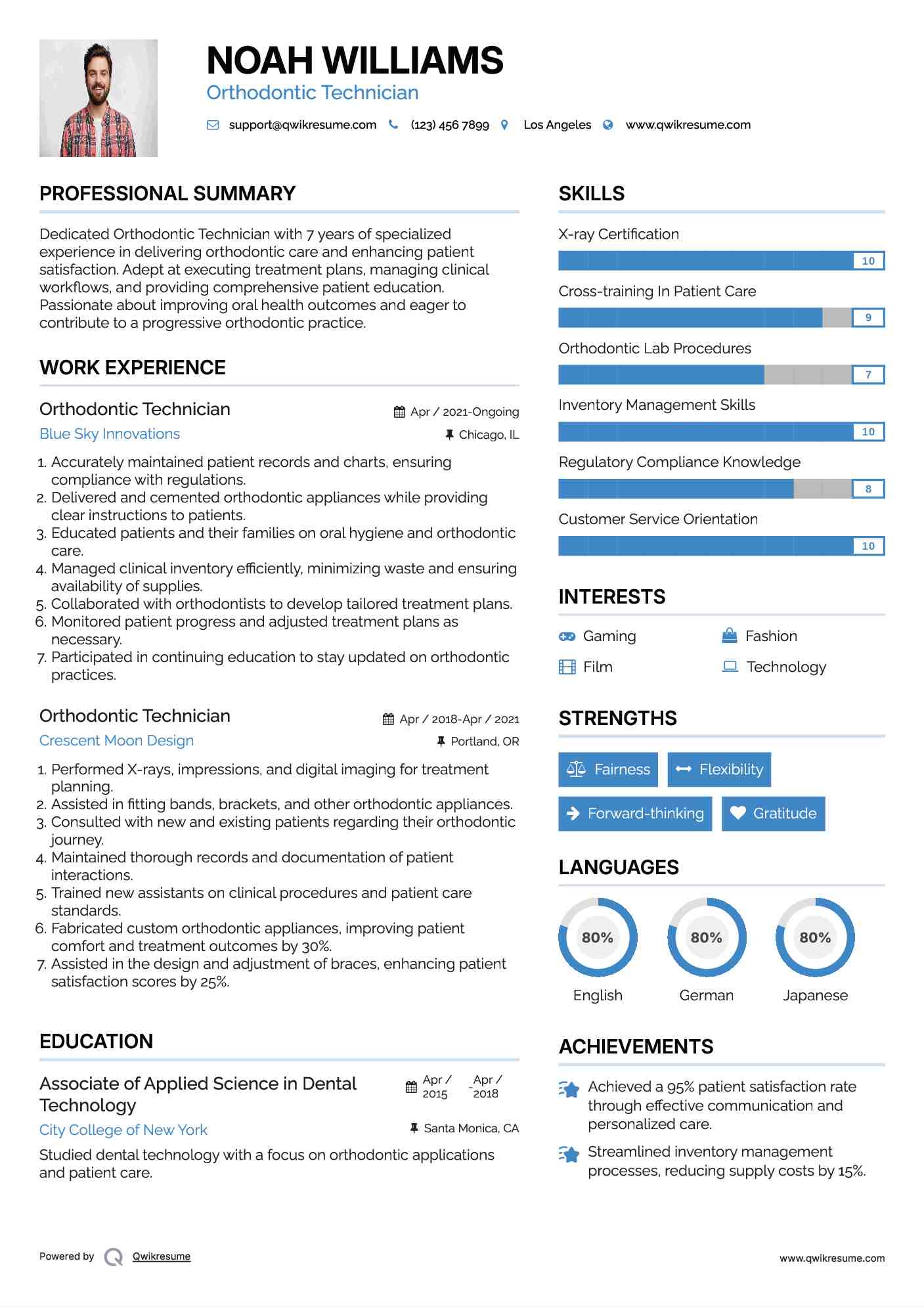 Orthodontic Technician Resume Example