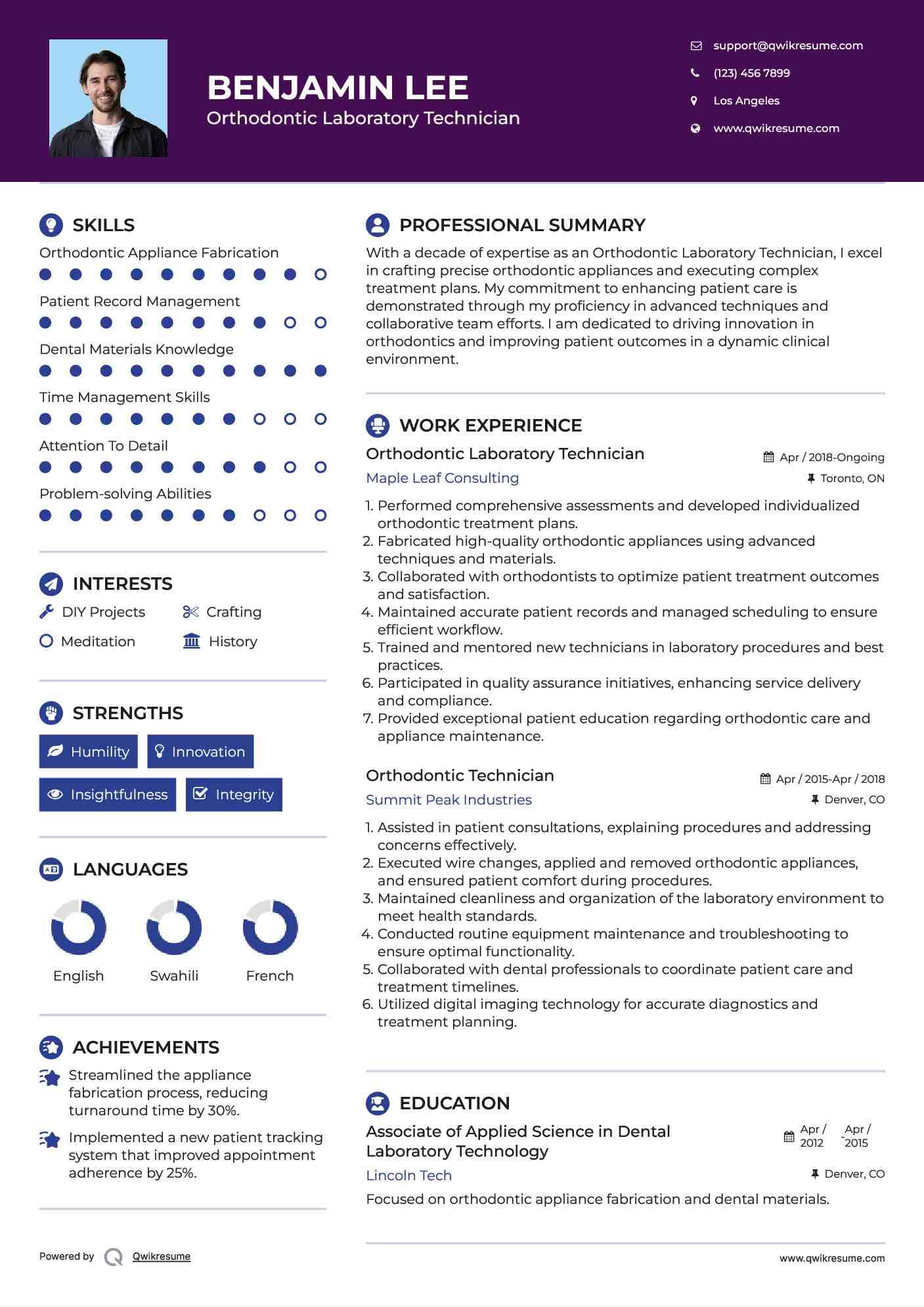 Orthodontic Laboratory Technician Resume Model