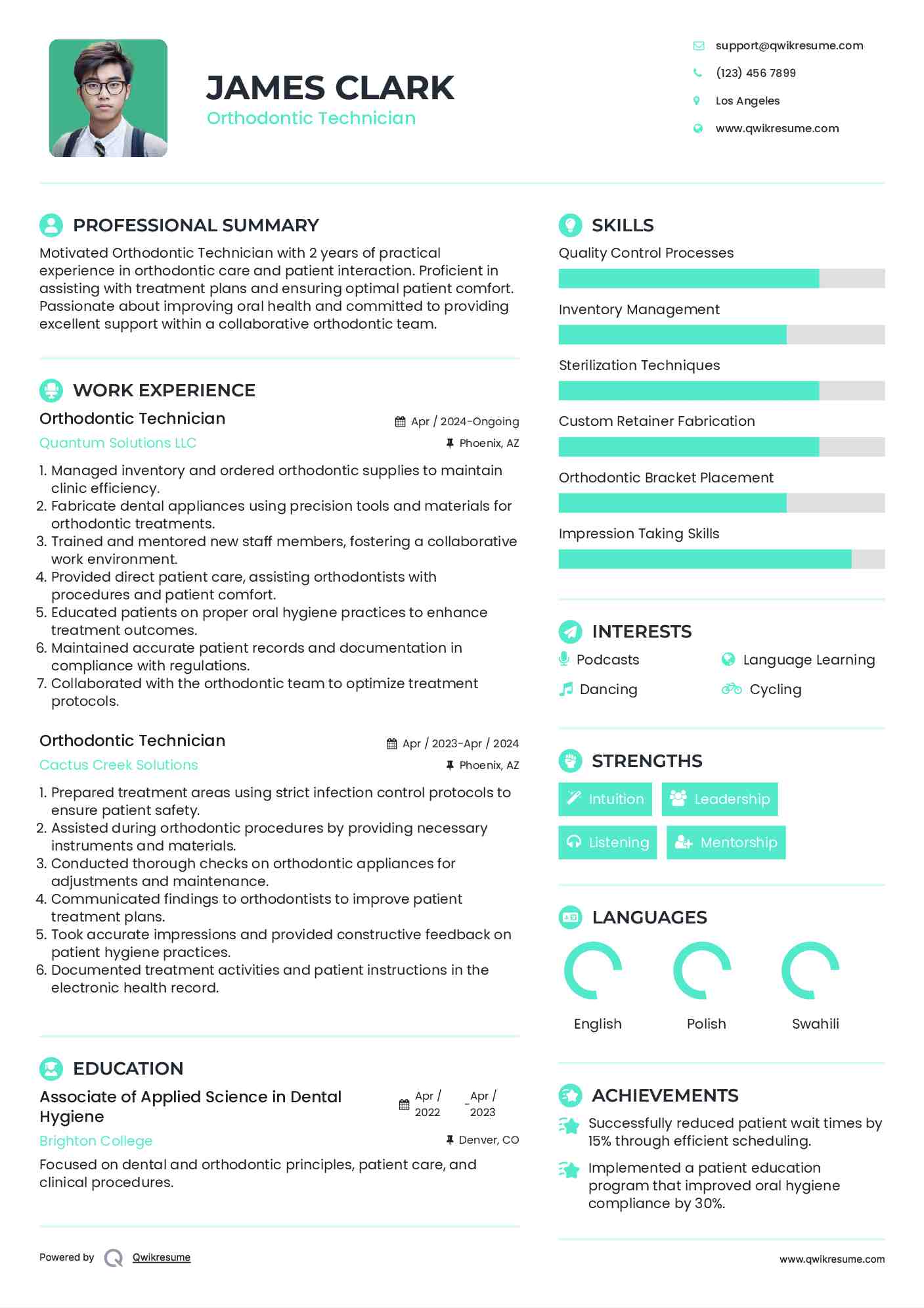 Orthodontic Technician Resume Model