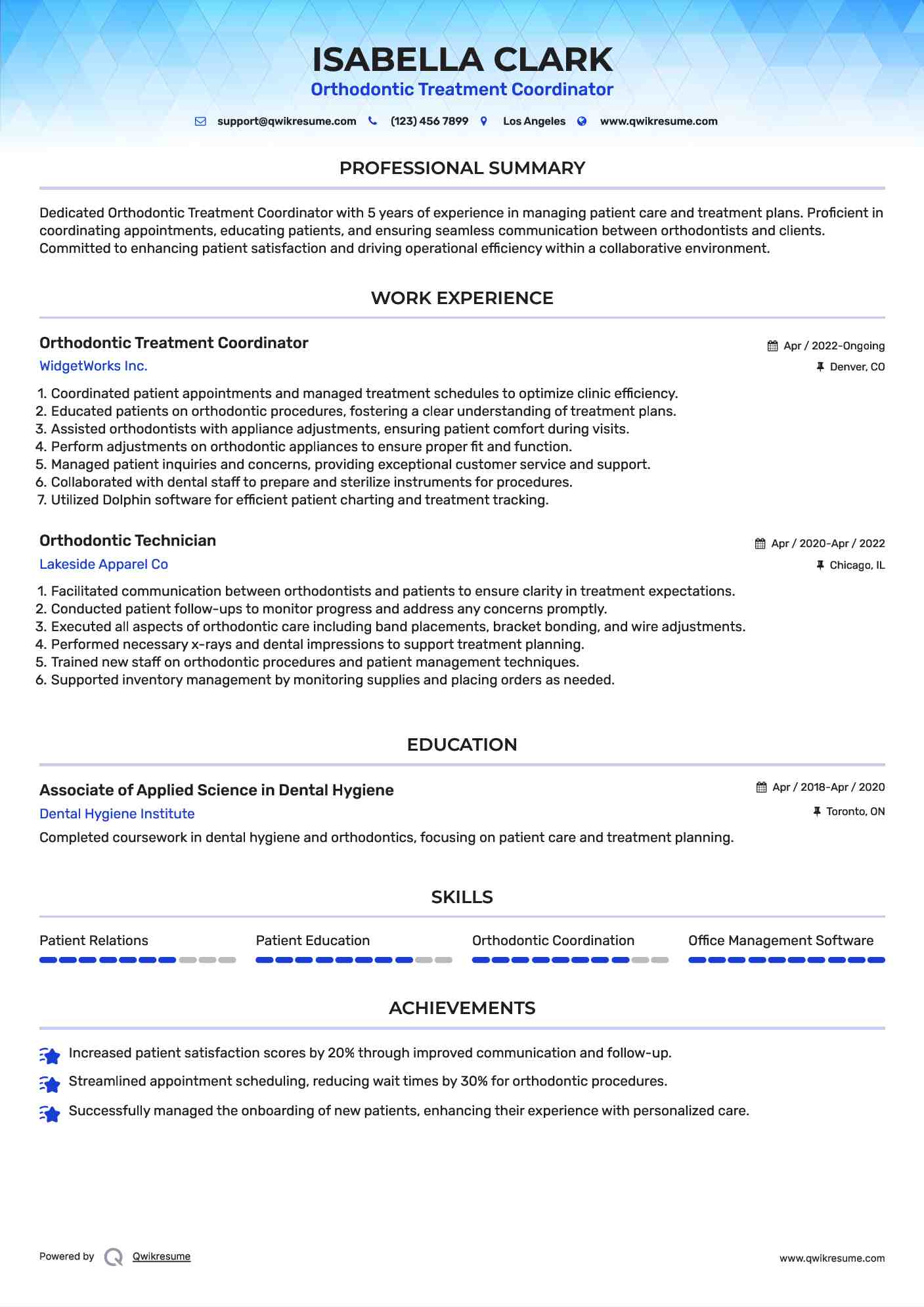 Orthodontic Treatment Coordinator Resume Format