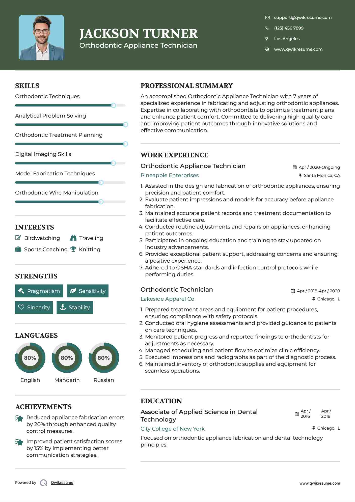 Orthodontic Appliance Technician Resume Format