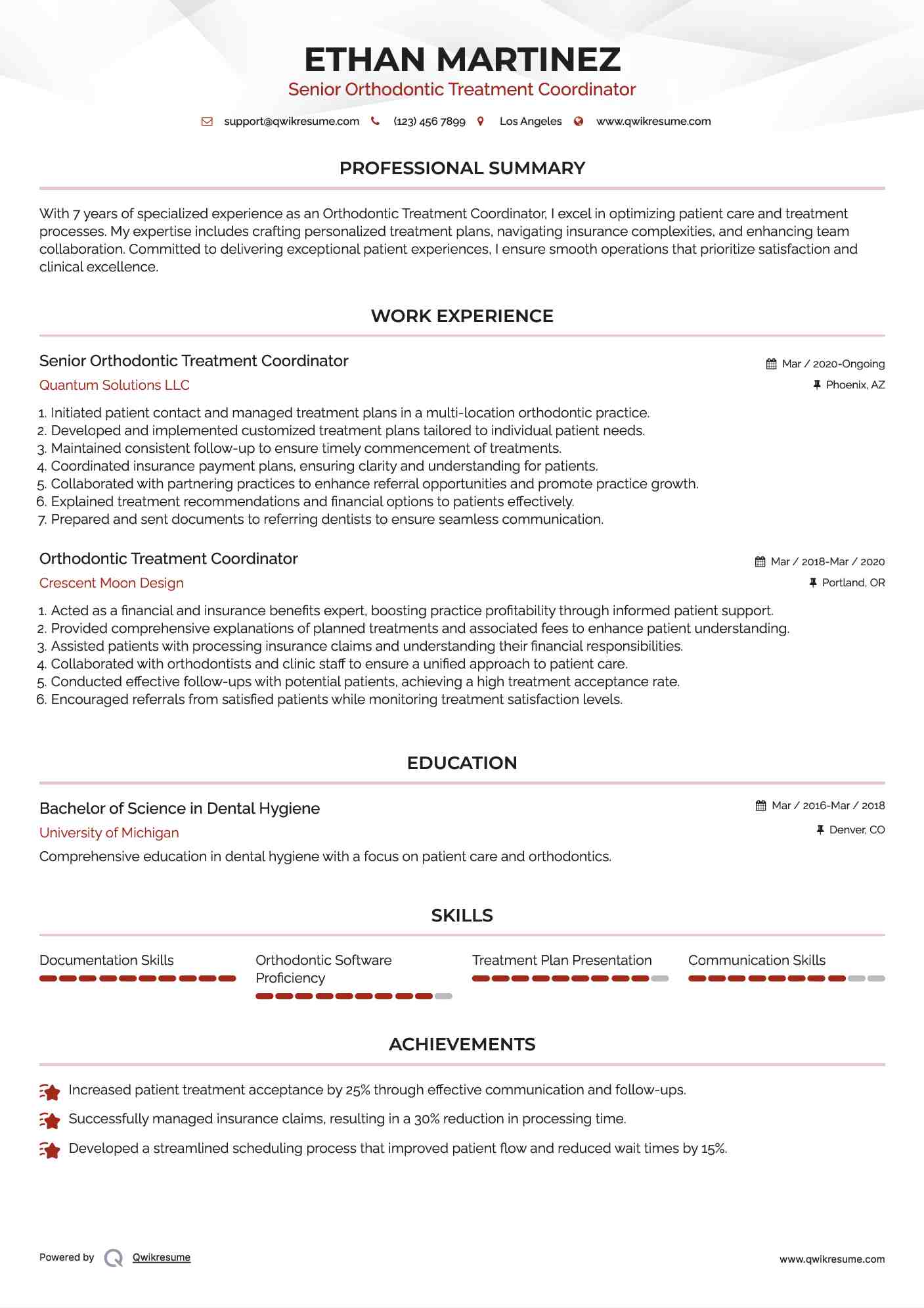 Senior Orthodontic Treatment Coordinator Resume Example