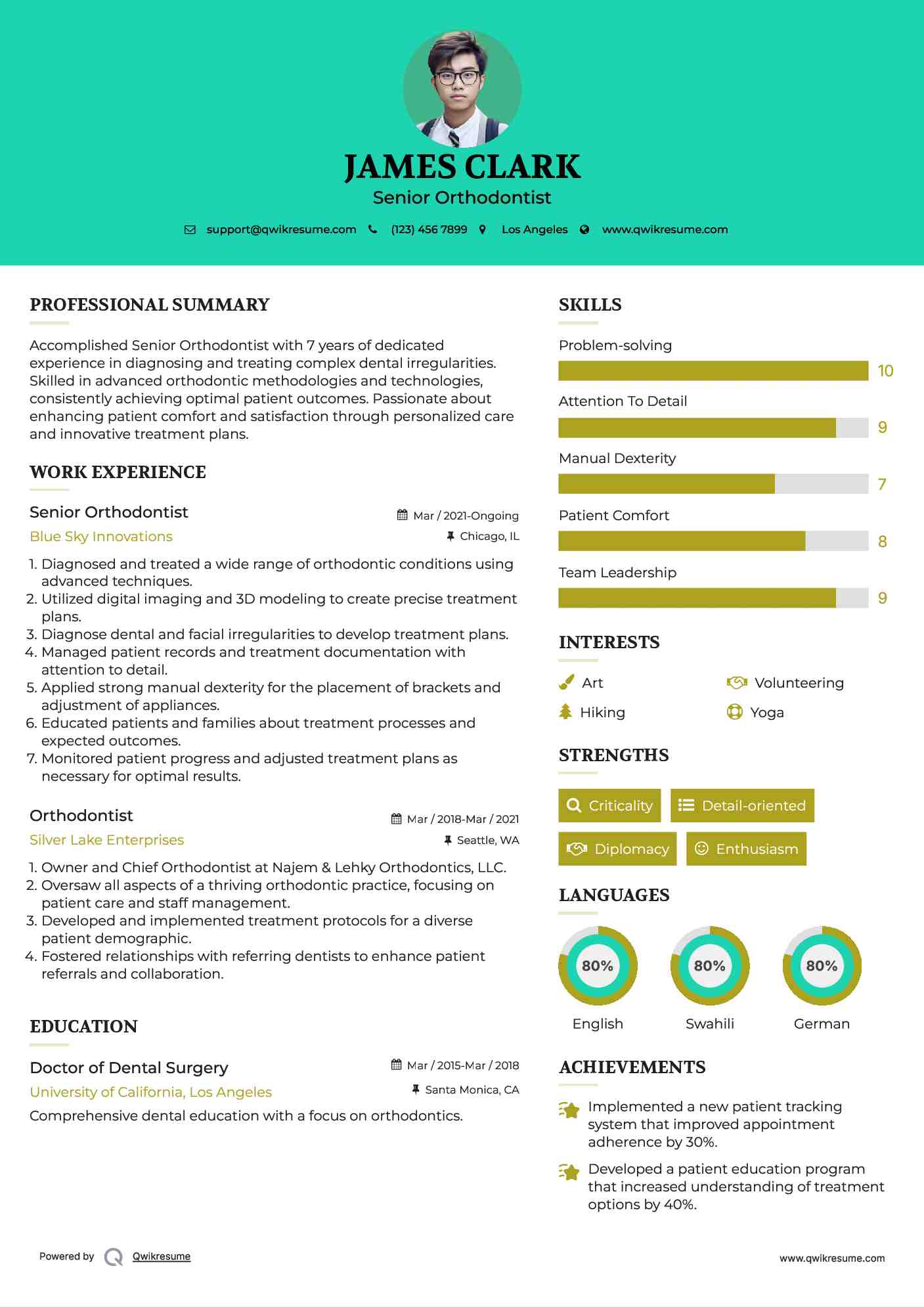 Orthodontist Resume Samples QwikResume