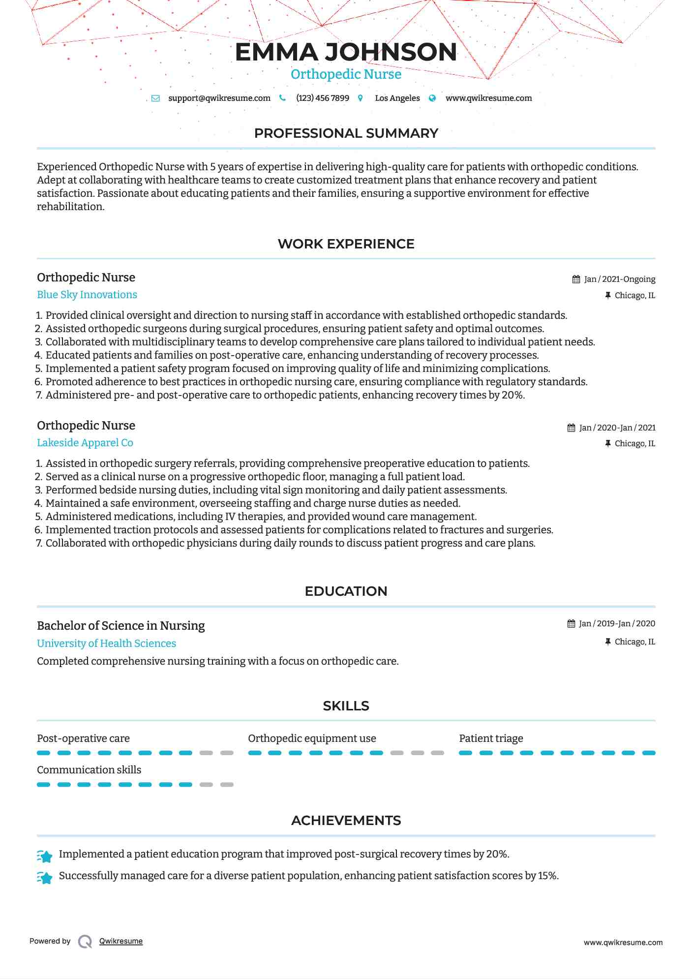 Orthopedic Nurse Resume Example