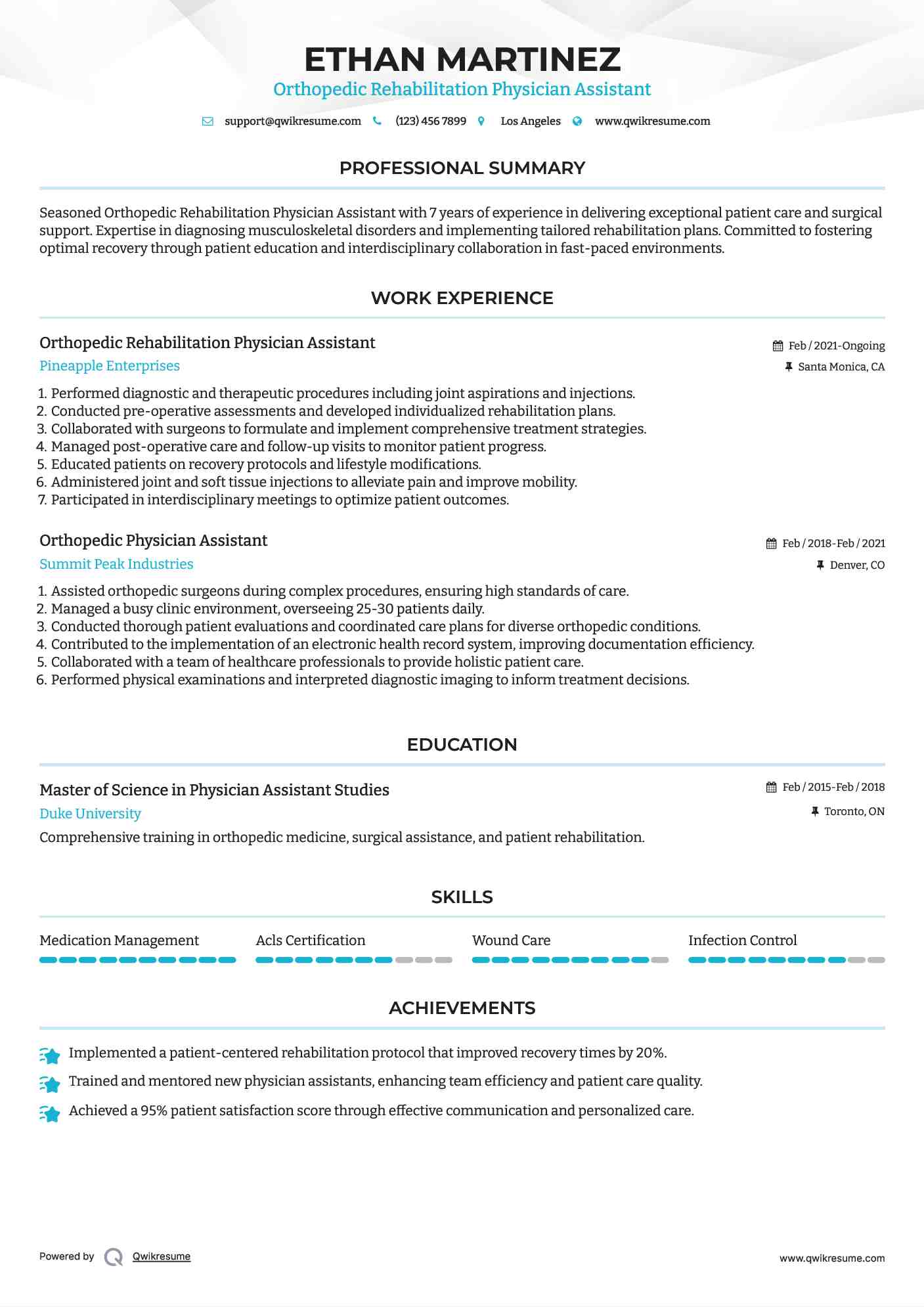 Orthopedic Rehabilitation Physician Assistant Resume Format