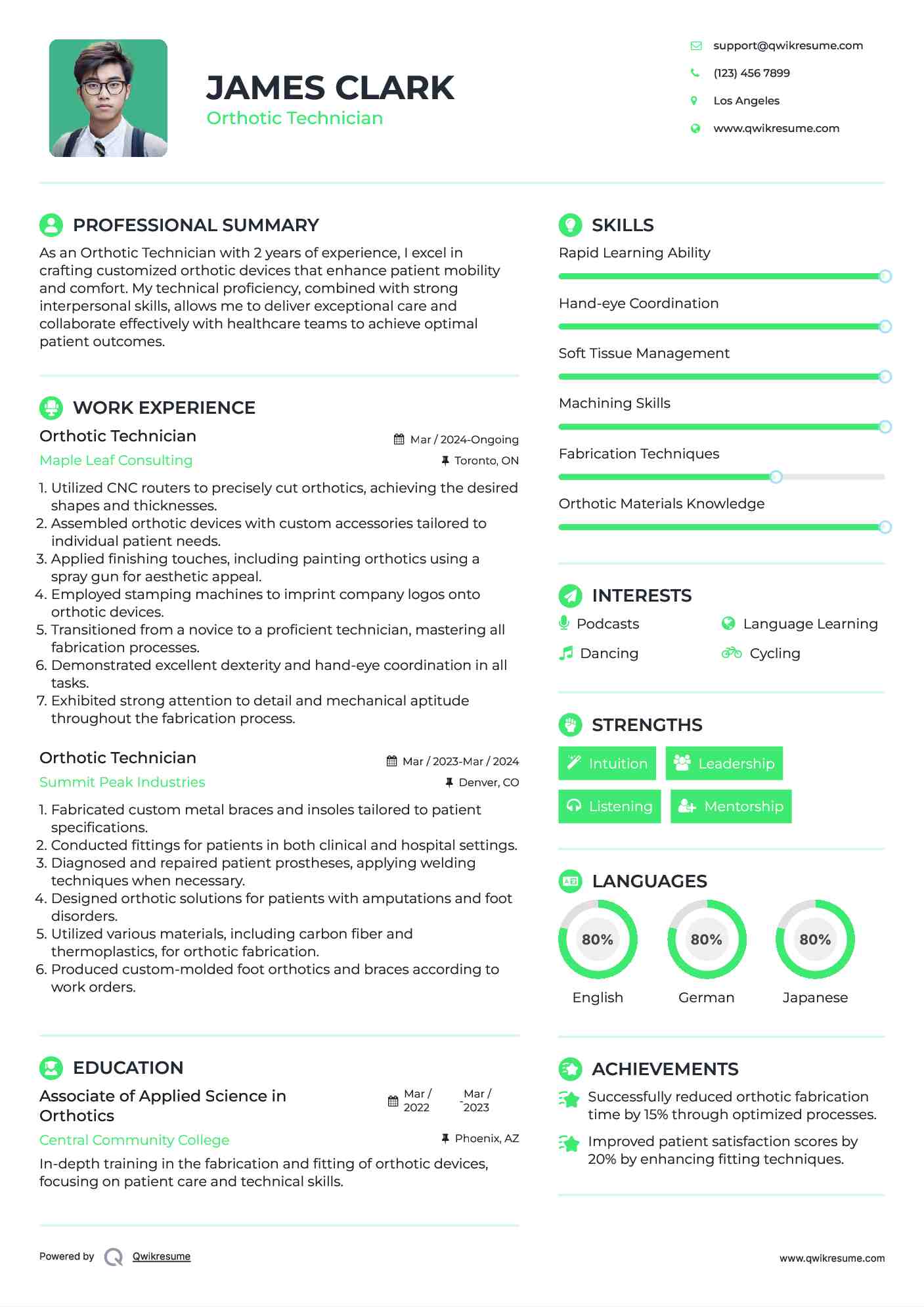 Orthotic Technician Resume Sample