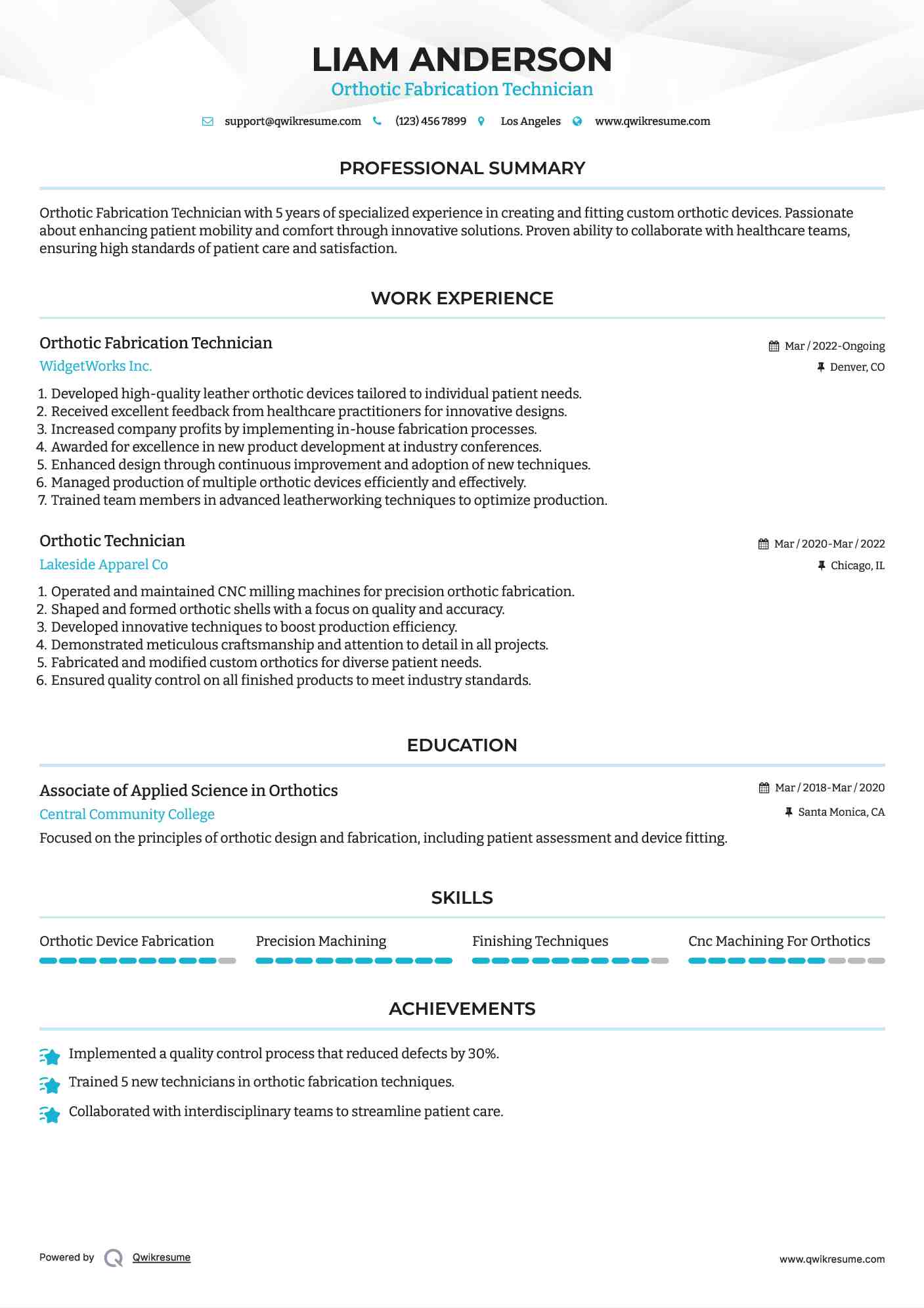 Orthotic Fabrication Technician Resume Format