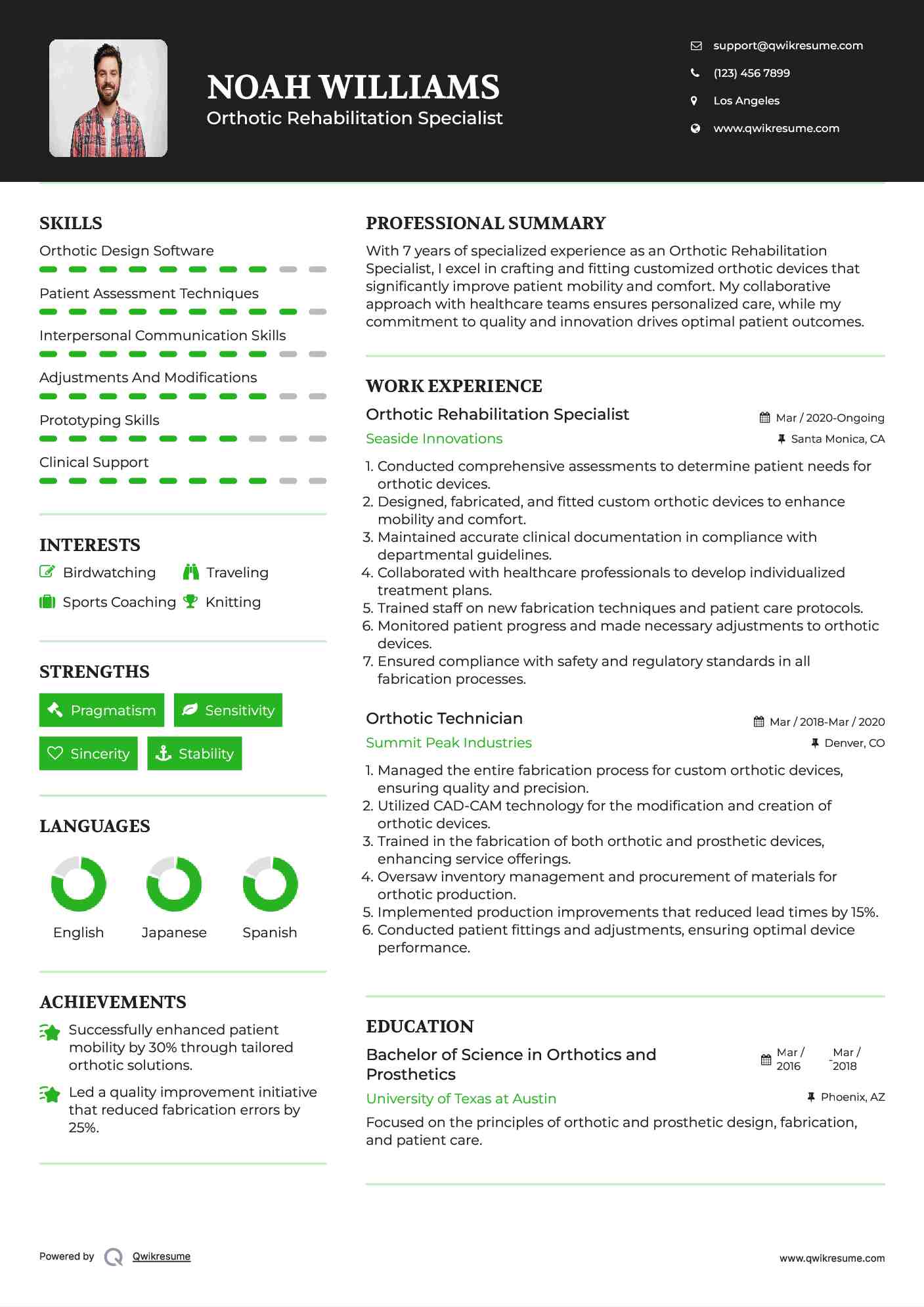 Orthotic Rehabilitation Specialist Resume Sample
