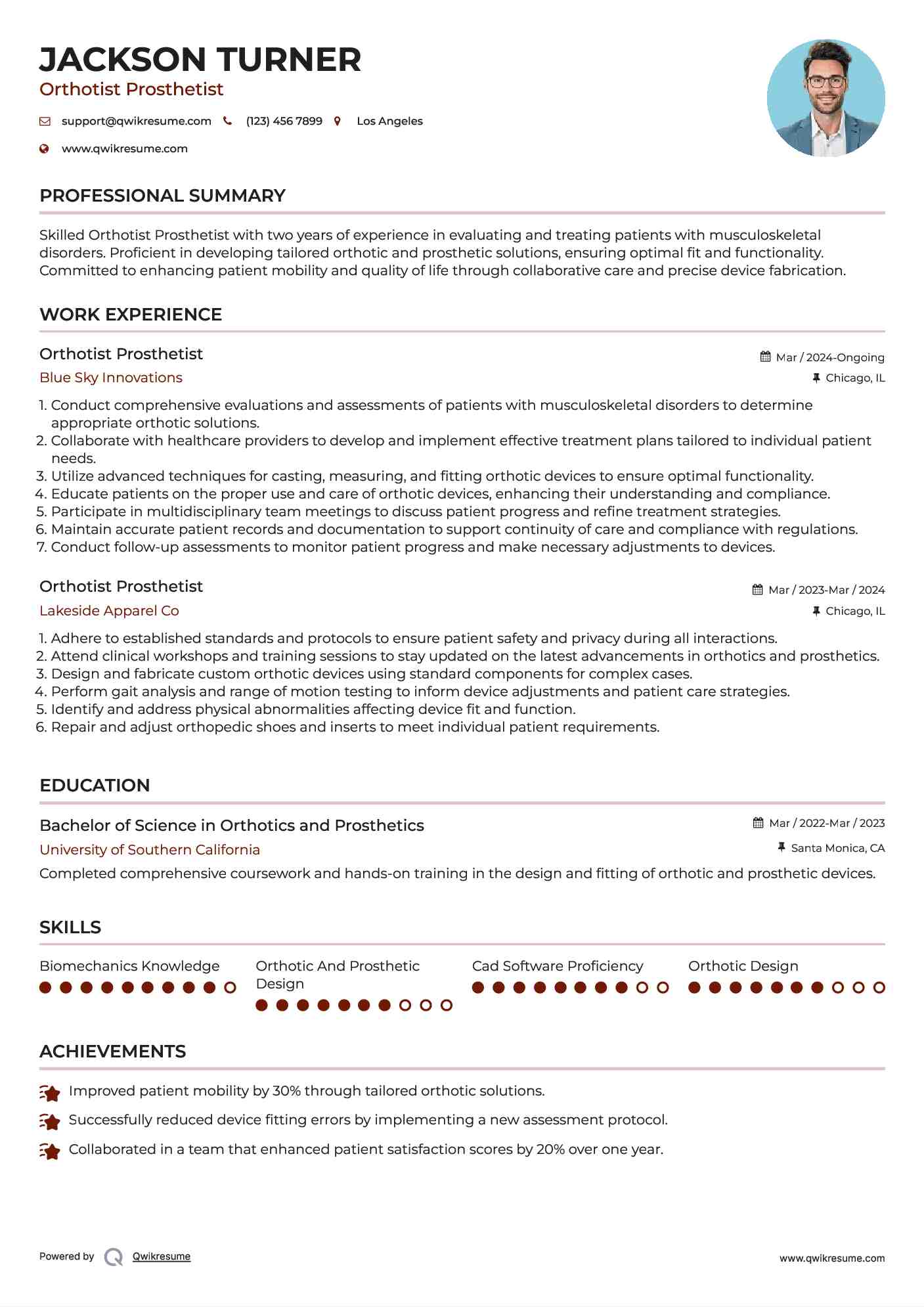 Orthotist Prosthetist Resume Model