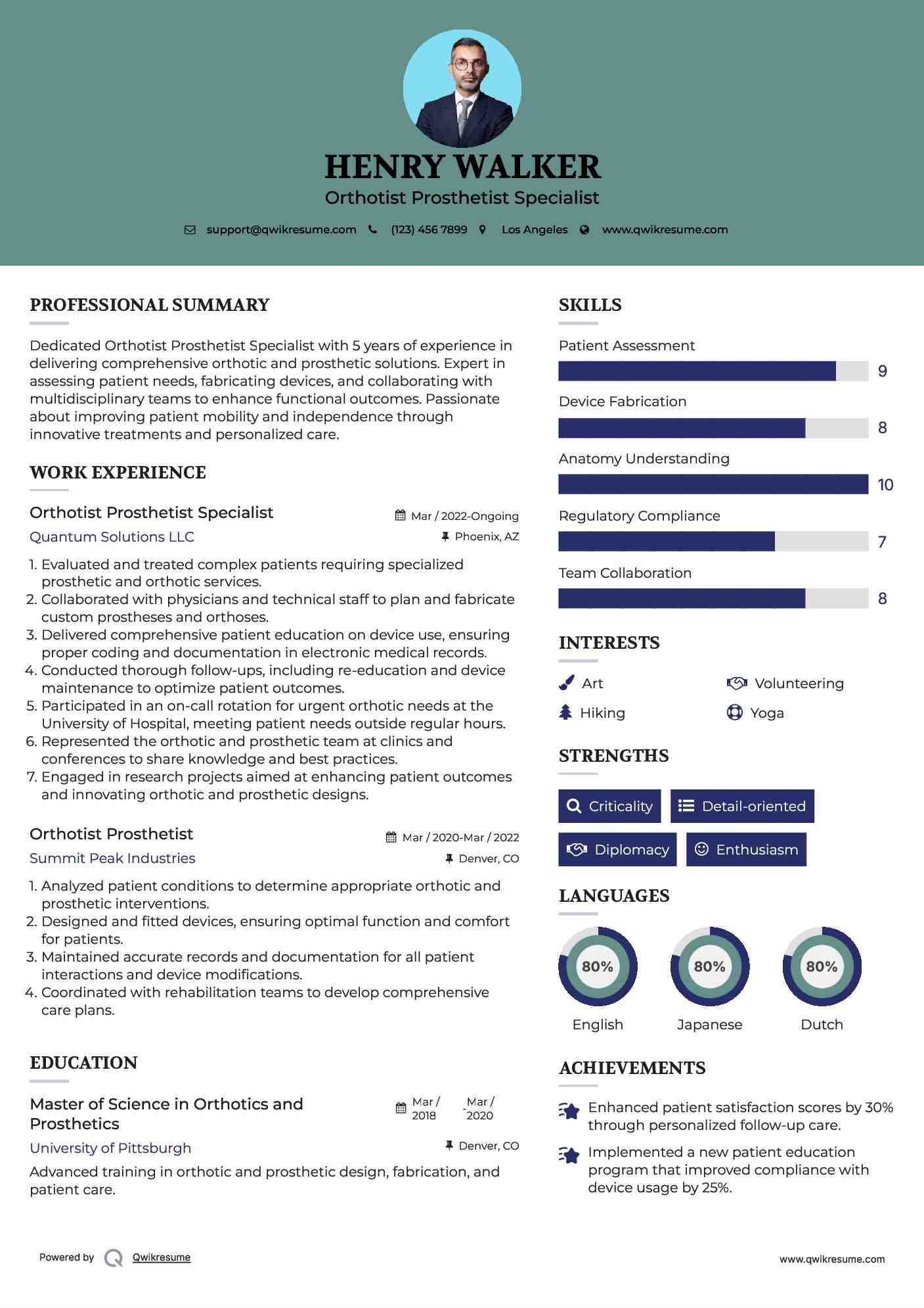Orthotist Prosthetist Specialist Resume Example
