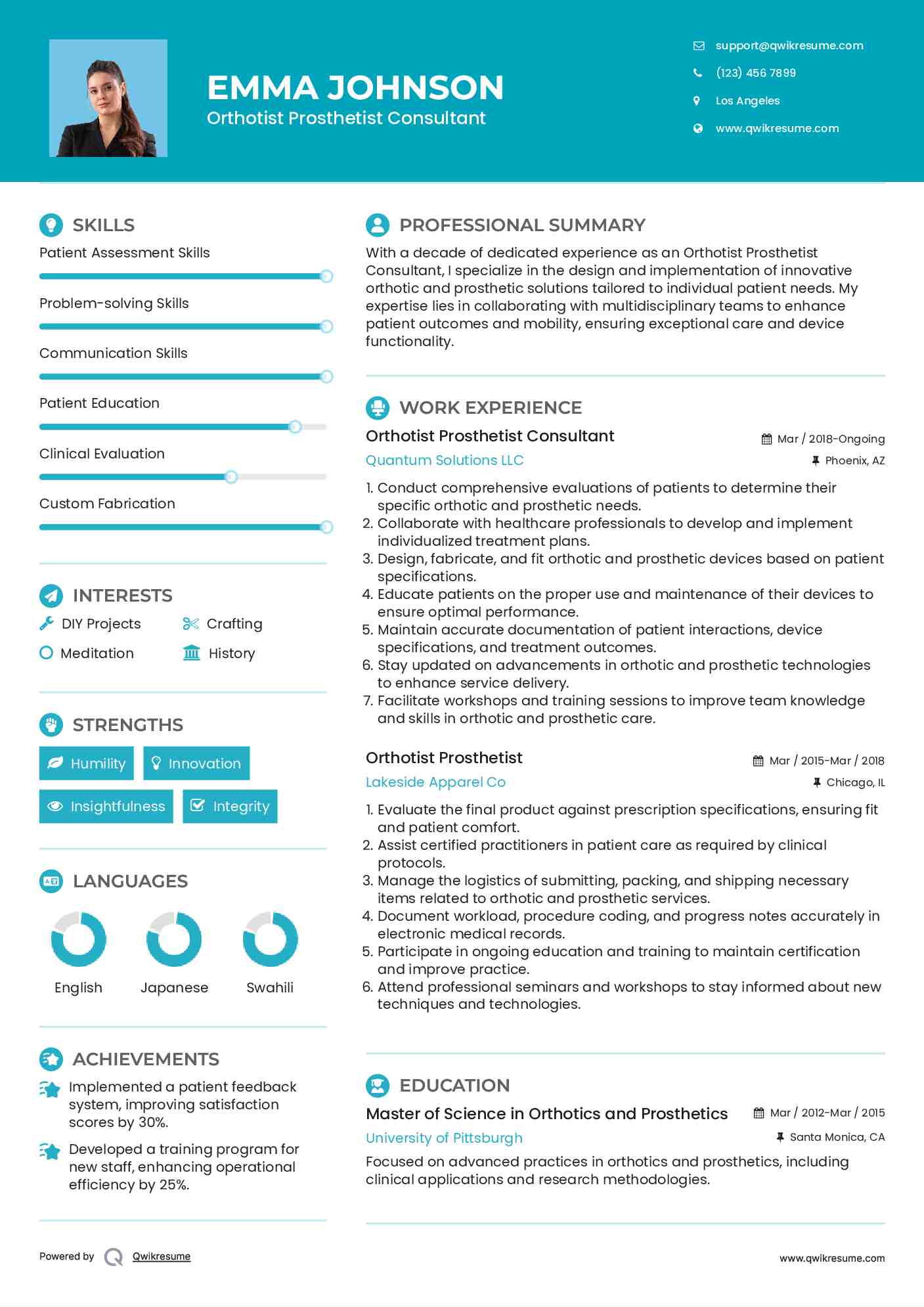 Orthotist Prosthetist Consultant Resume Format
