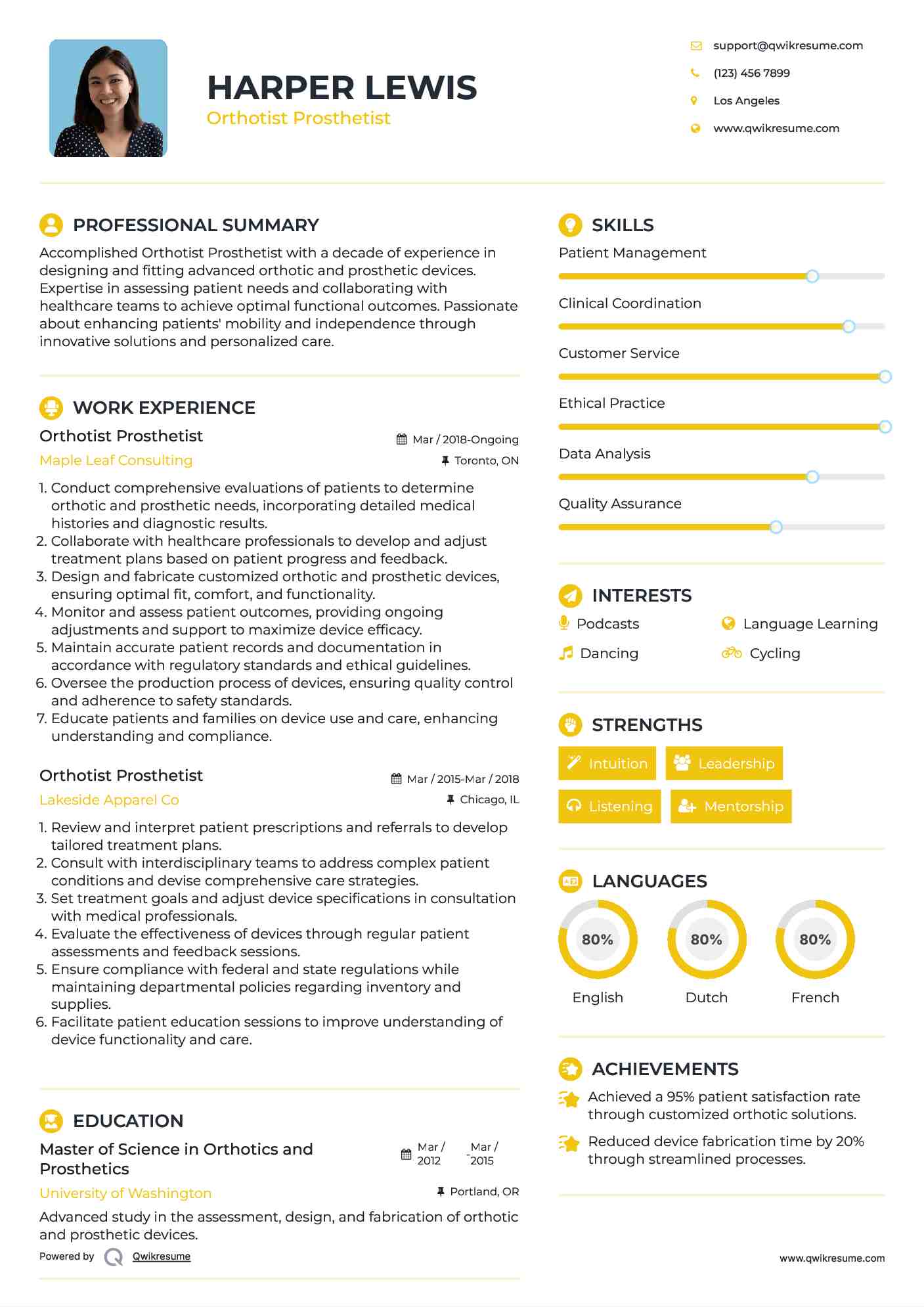 Orthotist Prosthetist Resume Model