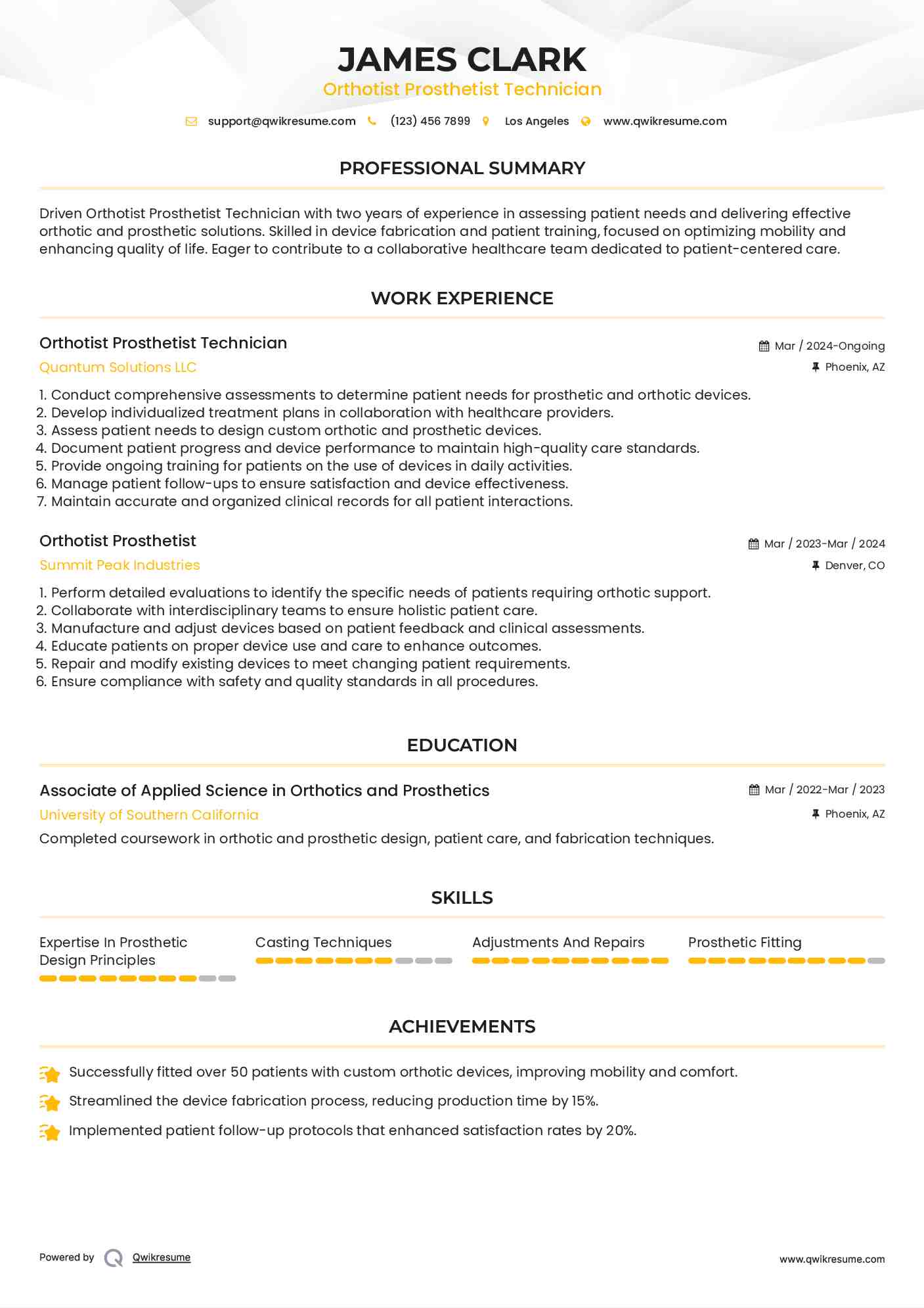 Orthotist Prosthetist Technician Resume Model