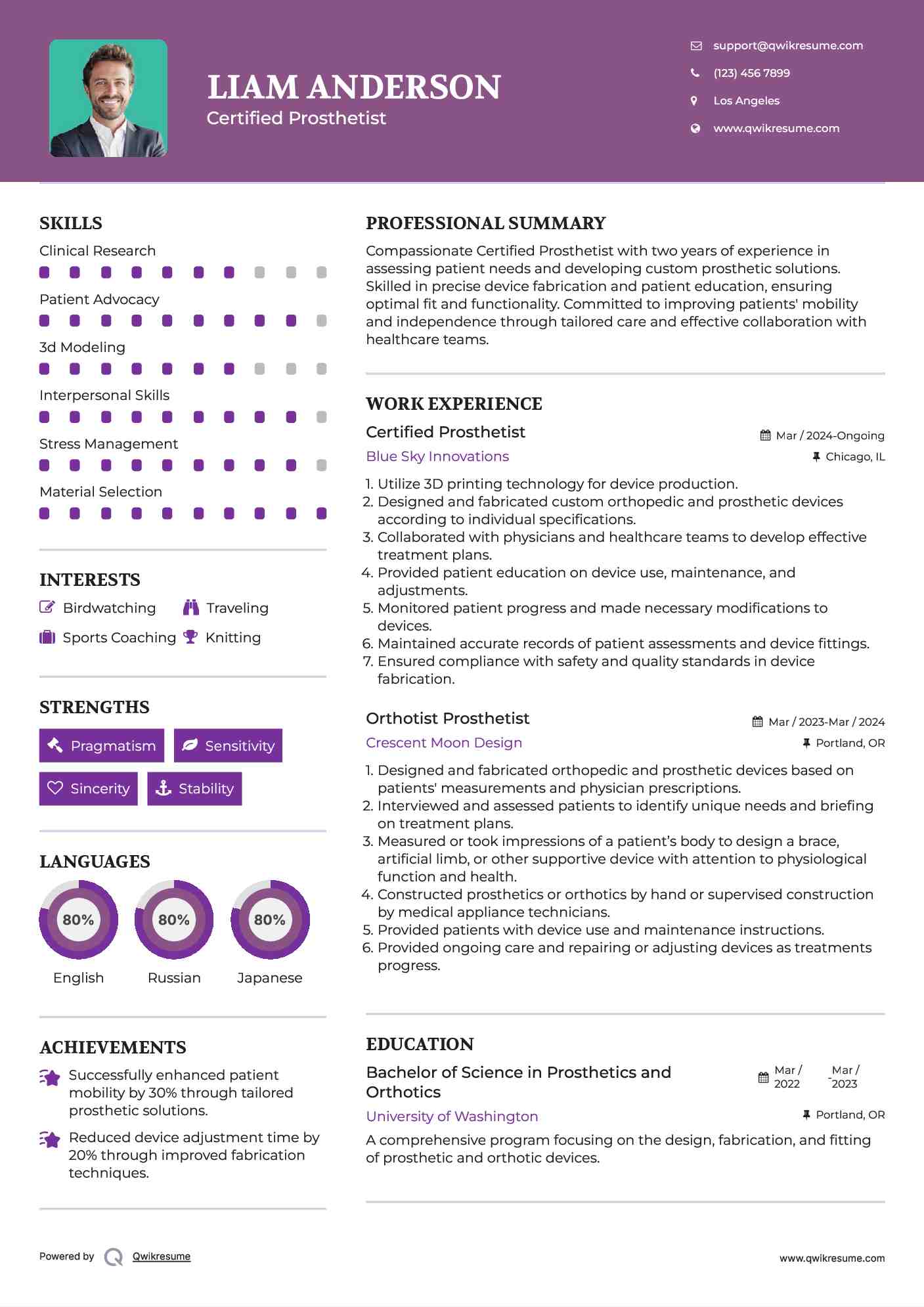Certified Prosthetist Resume Sample