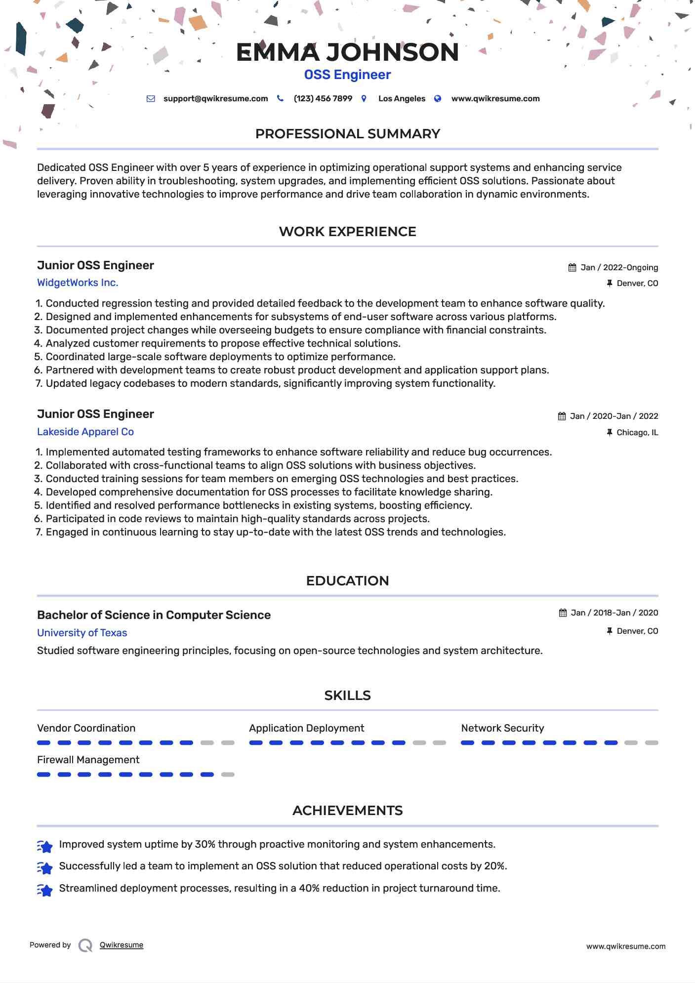 Junior OSS Engineer Resume Format