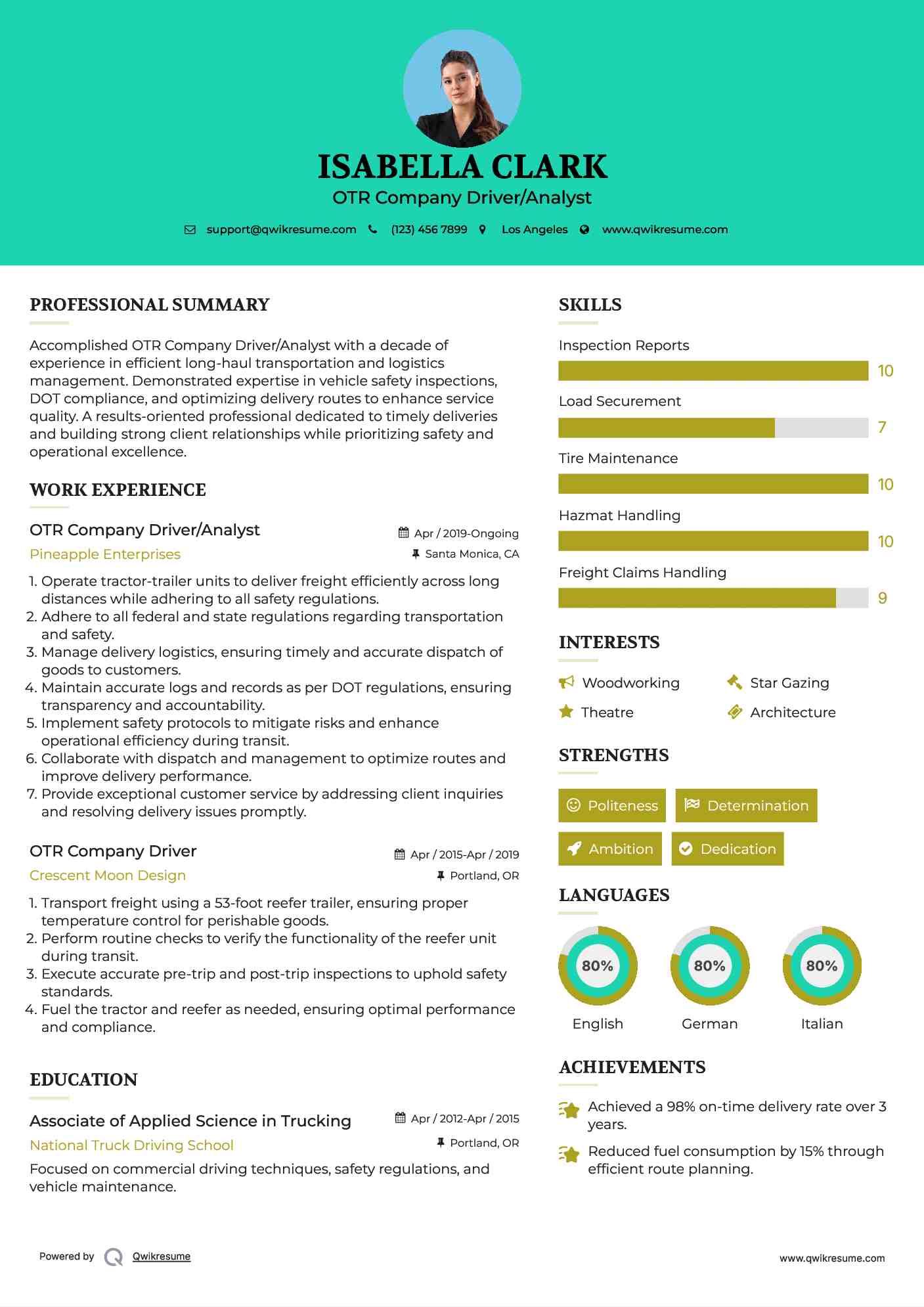 OTR Company Driver/Analyst Resume Format