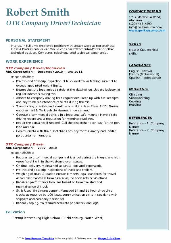 OTR Truck Driver Resume Samples | QwikResume