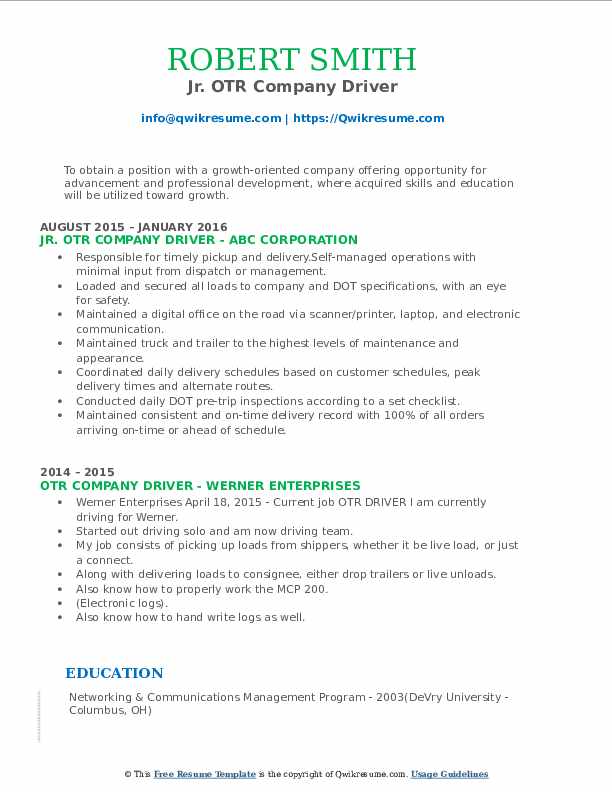OTR Company Driver Resume Samples QwikResume