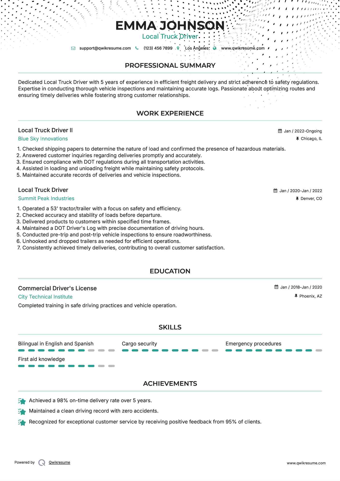Local Truck Driver II Resume Format