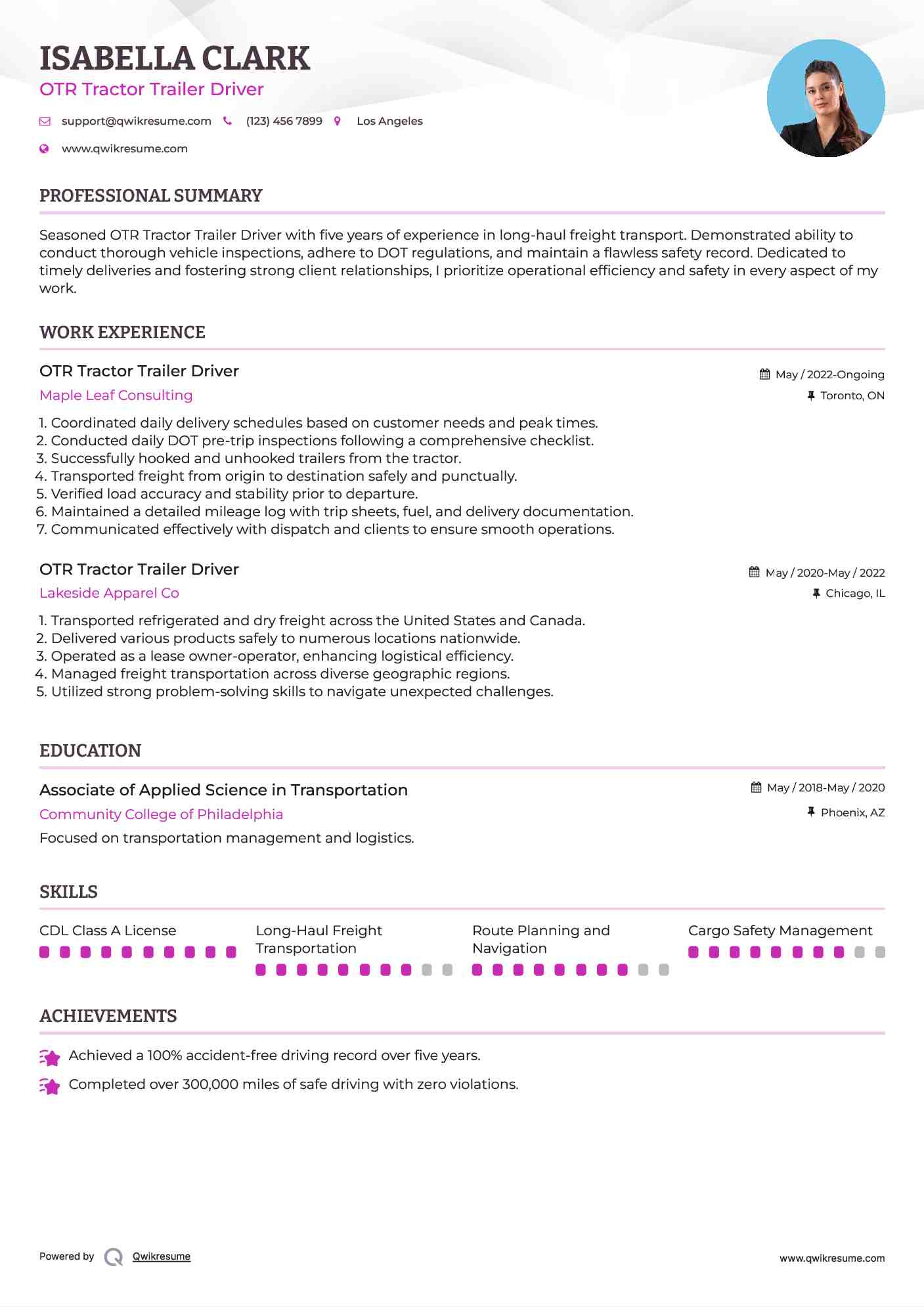 OTR Tractor Trailer Driver Resume Format