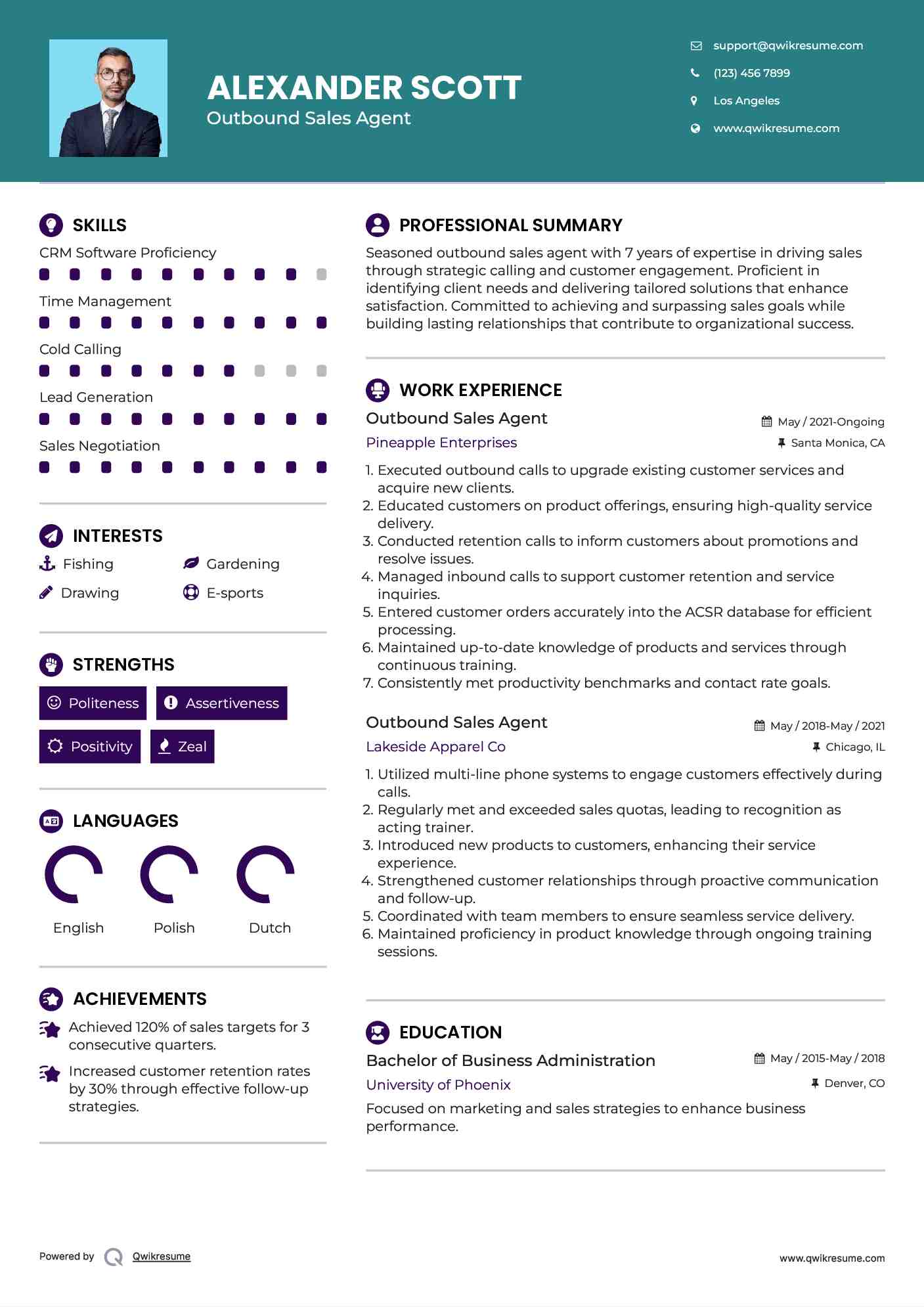 Outbound Sales Agent Resume Model