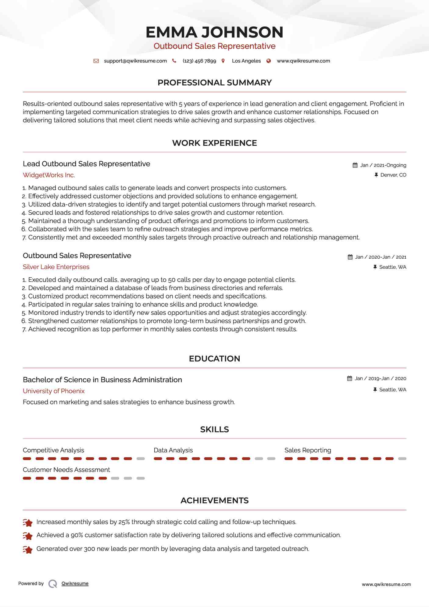 Lead Outbound Sales Representative Resume Example