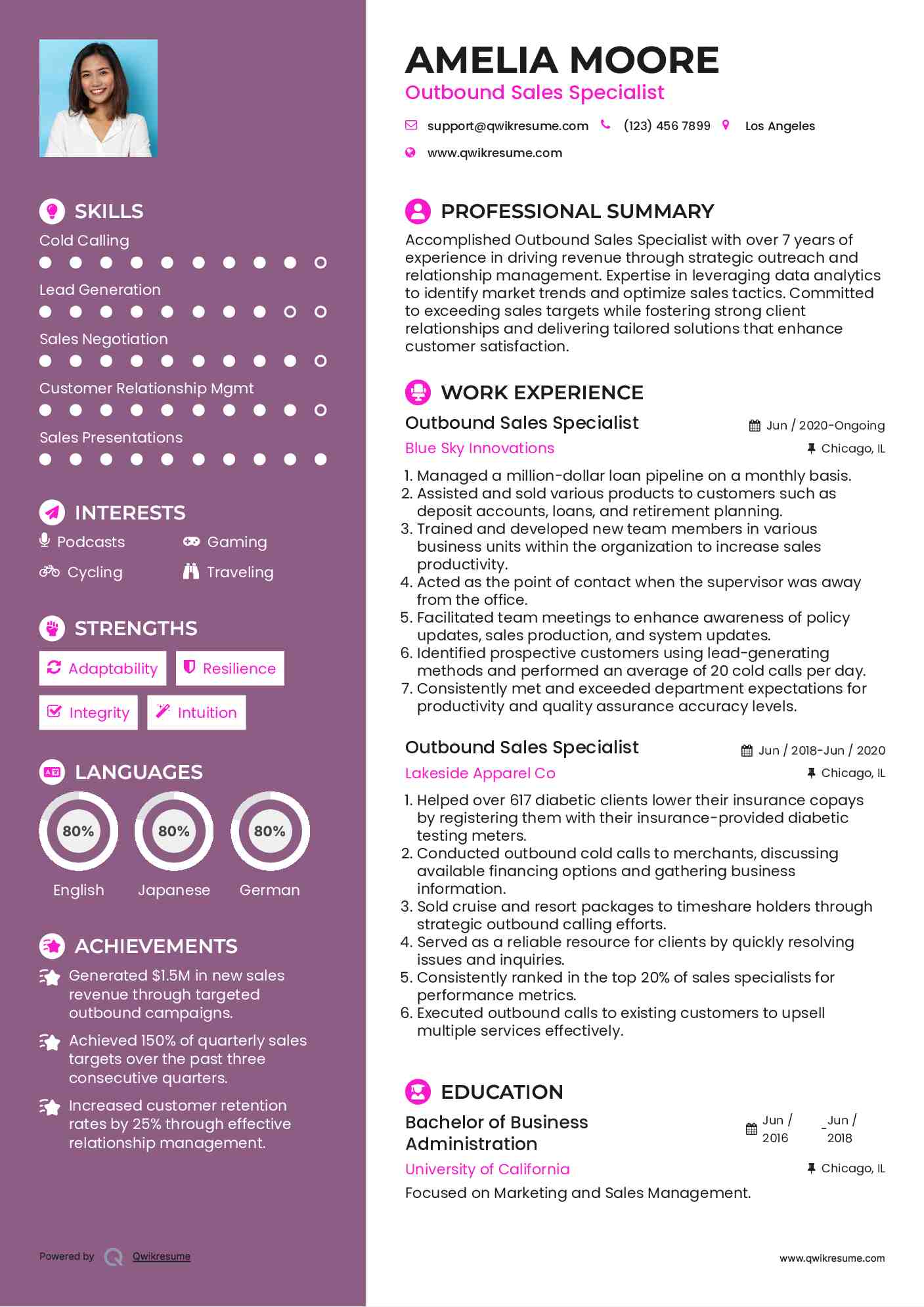 Outbound Sales Specialist Resume Example