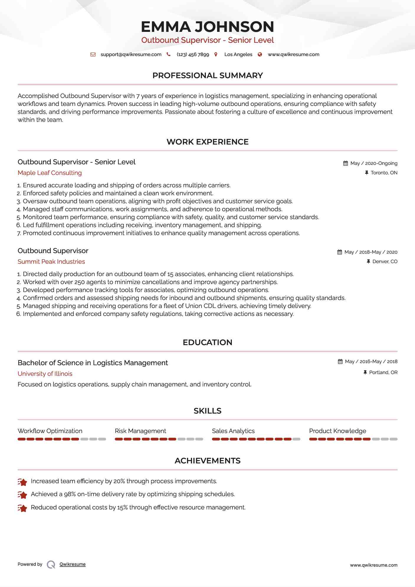 Outbound Supervisor - Senior Level Resume Example