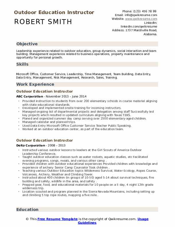 Outdoor Education Instructor Resume Samples QwikResume