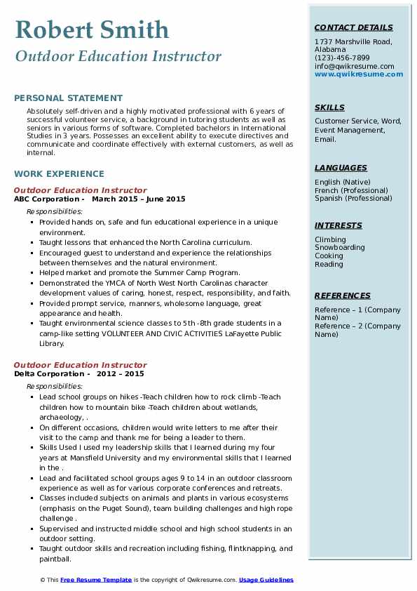 Outdoor Education Instructor Resume Samples QwikResume