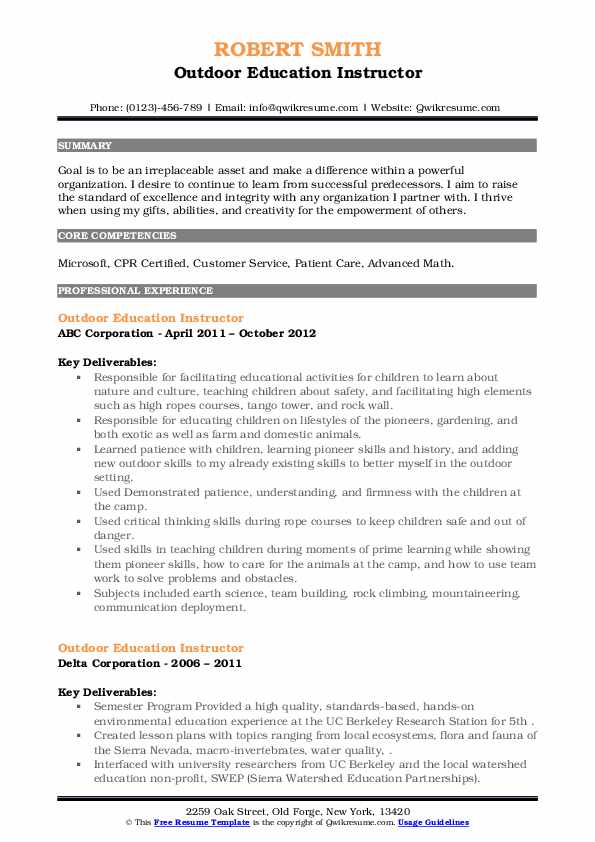 Outdoor Education Instructor Resume Samples QwikResume