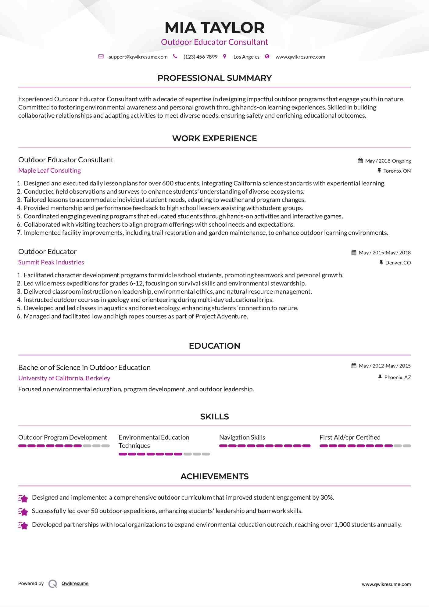 Outdoor Educator Consultant Resume Format