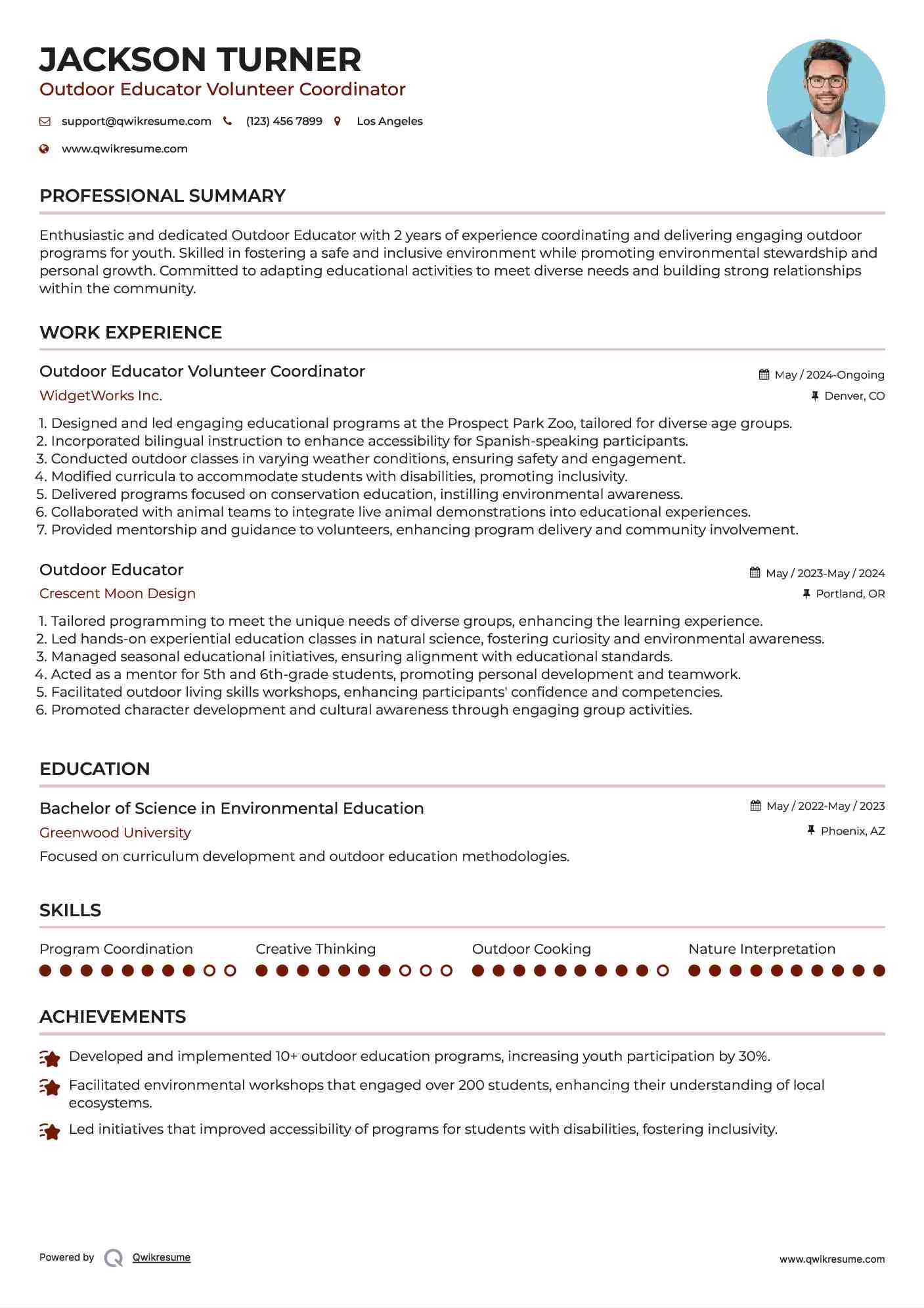 Outdoor Educator Volunteer Coordinator Resume Sample