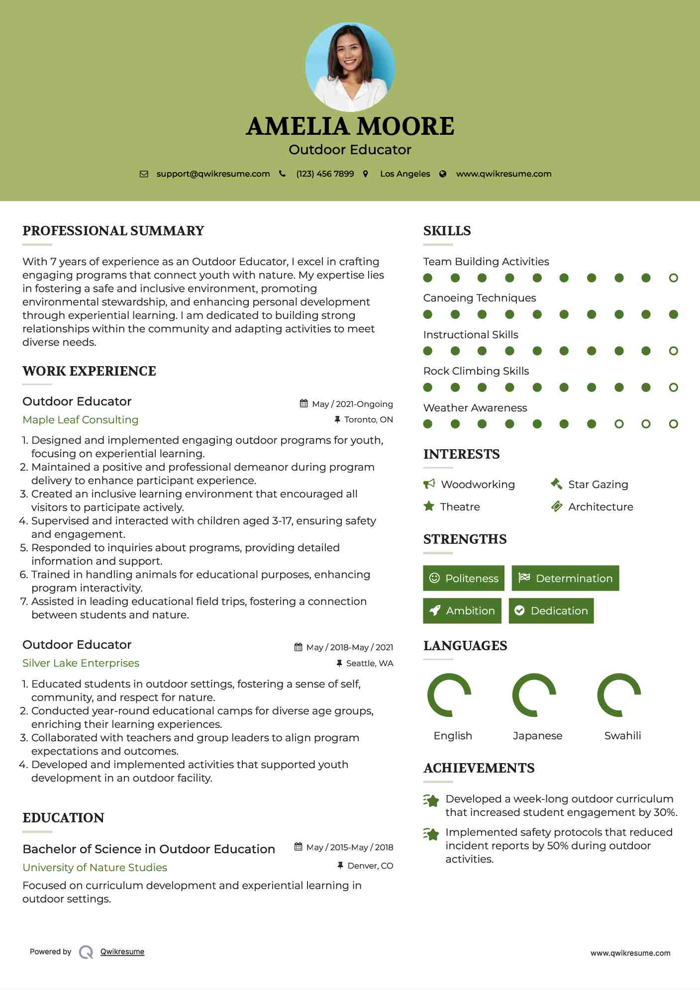 Outdoor Educator Resume Sample