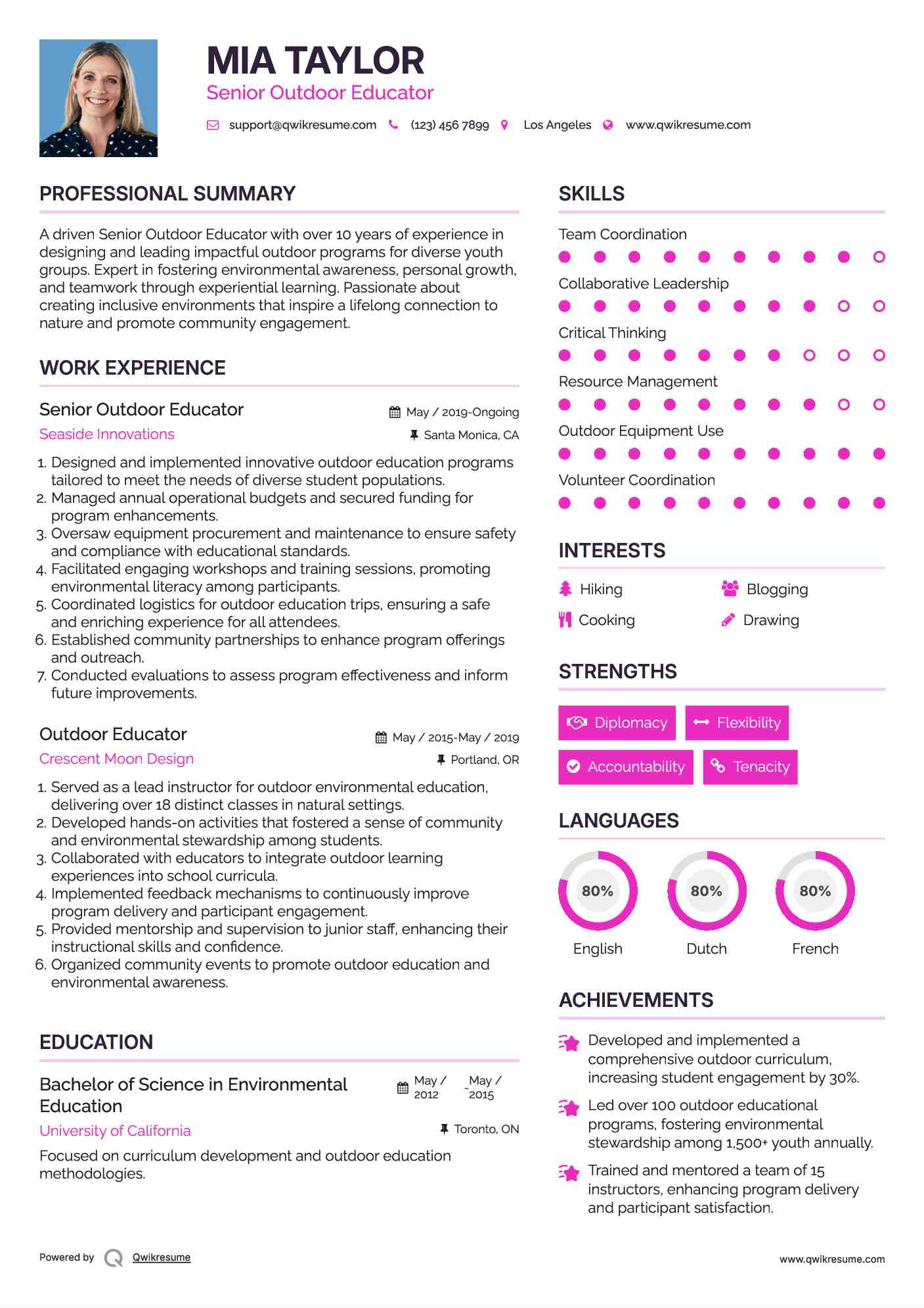 Senior Outdoor Educator Resume Template