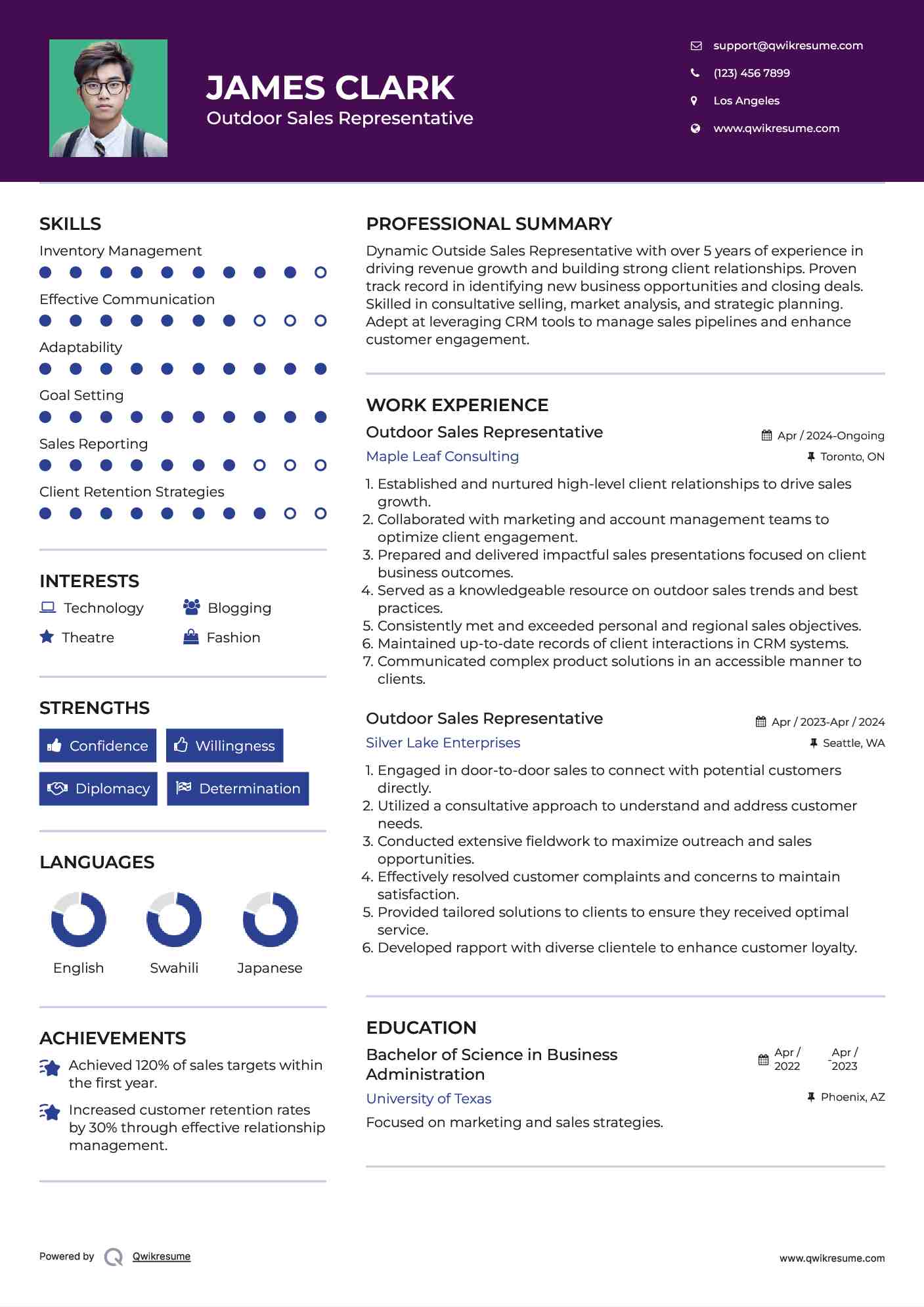 Outdoor Sales Representative Resume Example