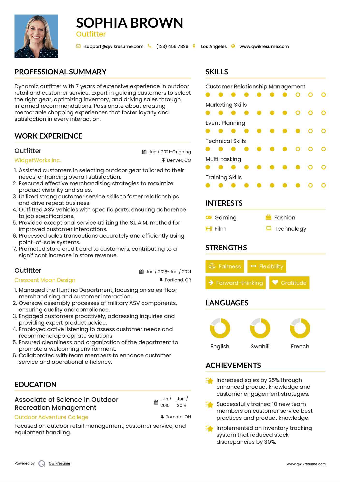 Outfitter Resume Samples QwikResume