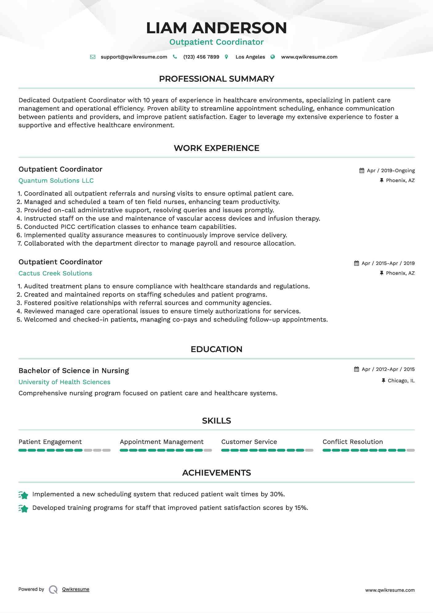 Outpatient Coordinator Resume Model