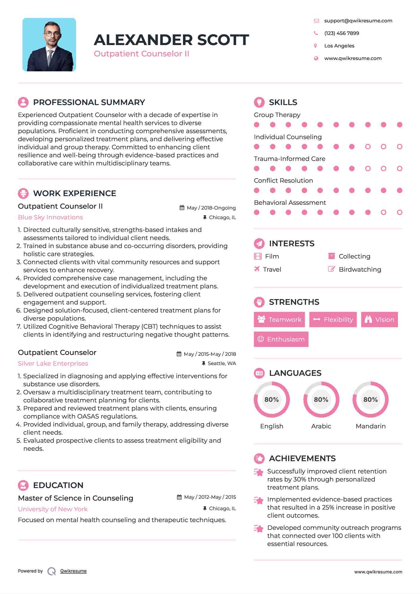 Outpatient Counselor II Resume Example