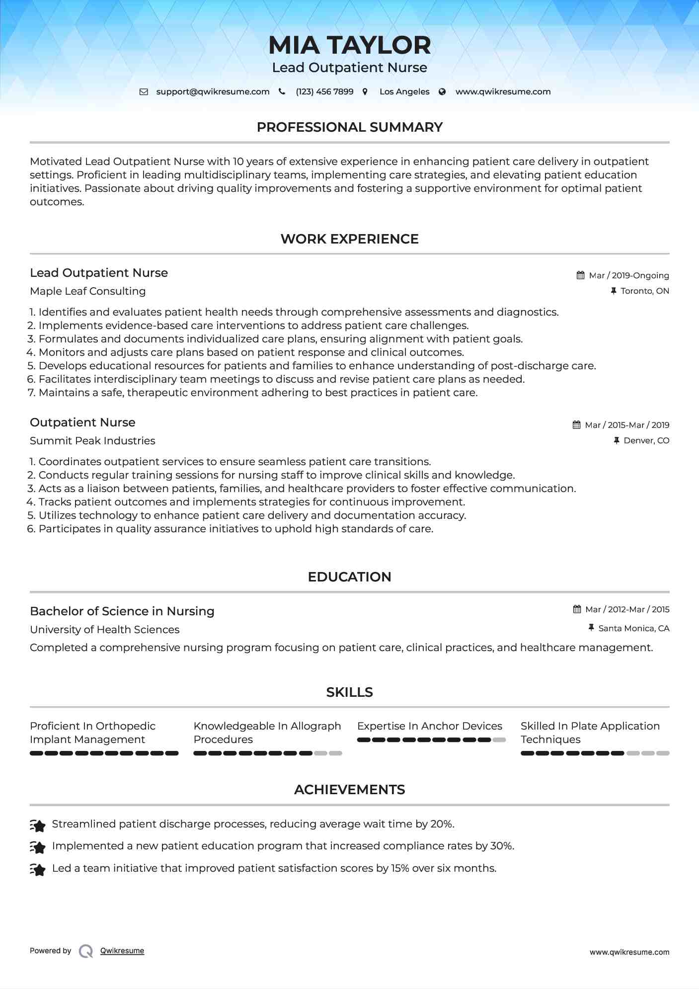 Lead Outpatient Nurse Resume Sample