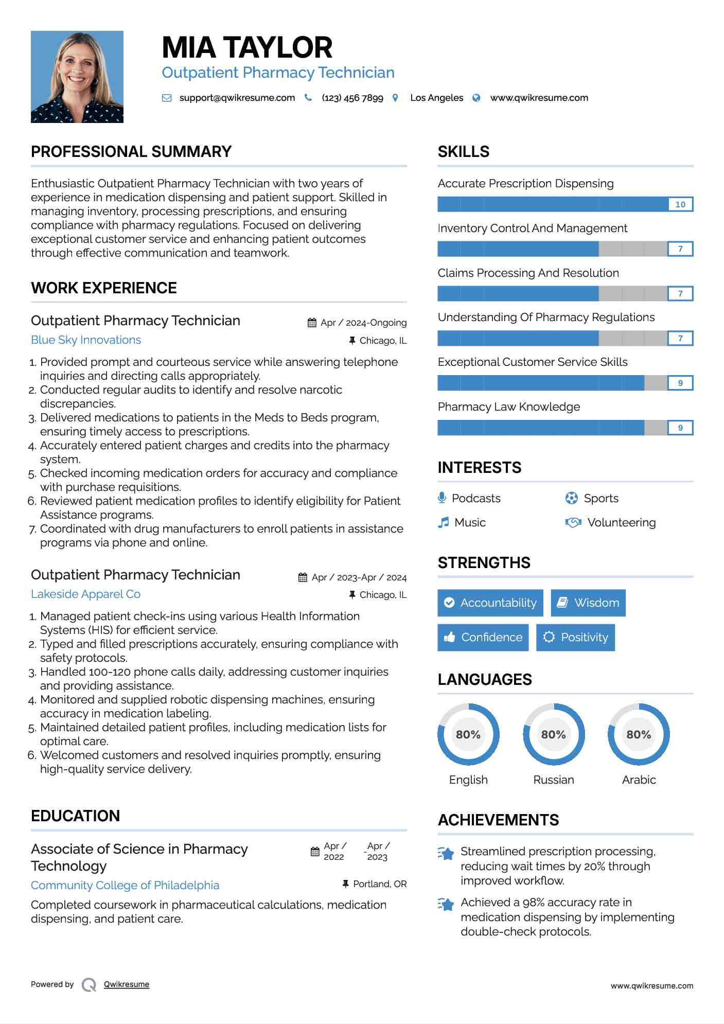 Outpatient Pharmacy Technician Resume Model