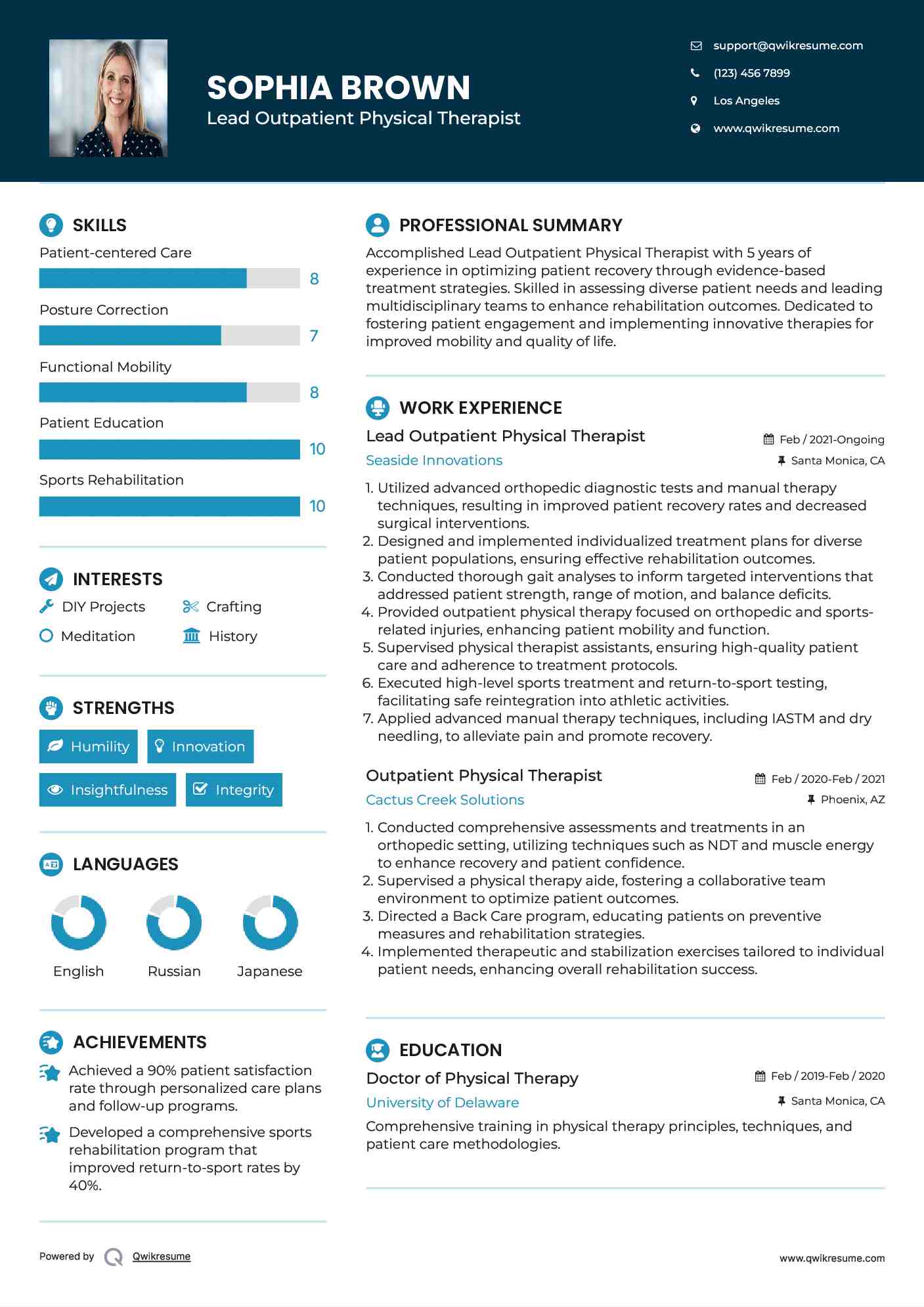 Lead Outpatient Physical Therapist Resume Template